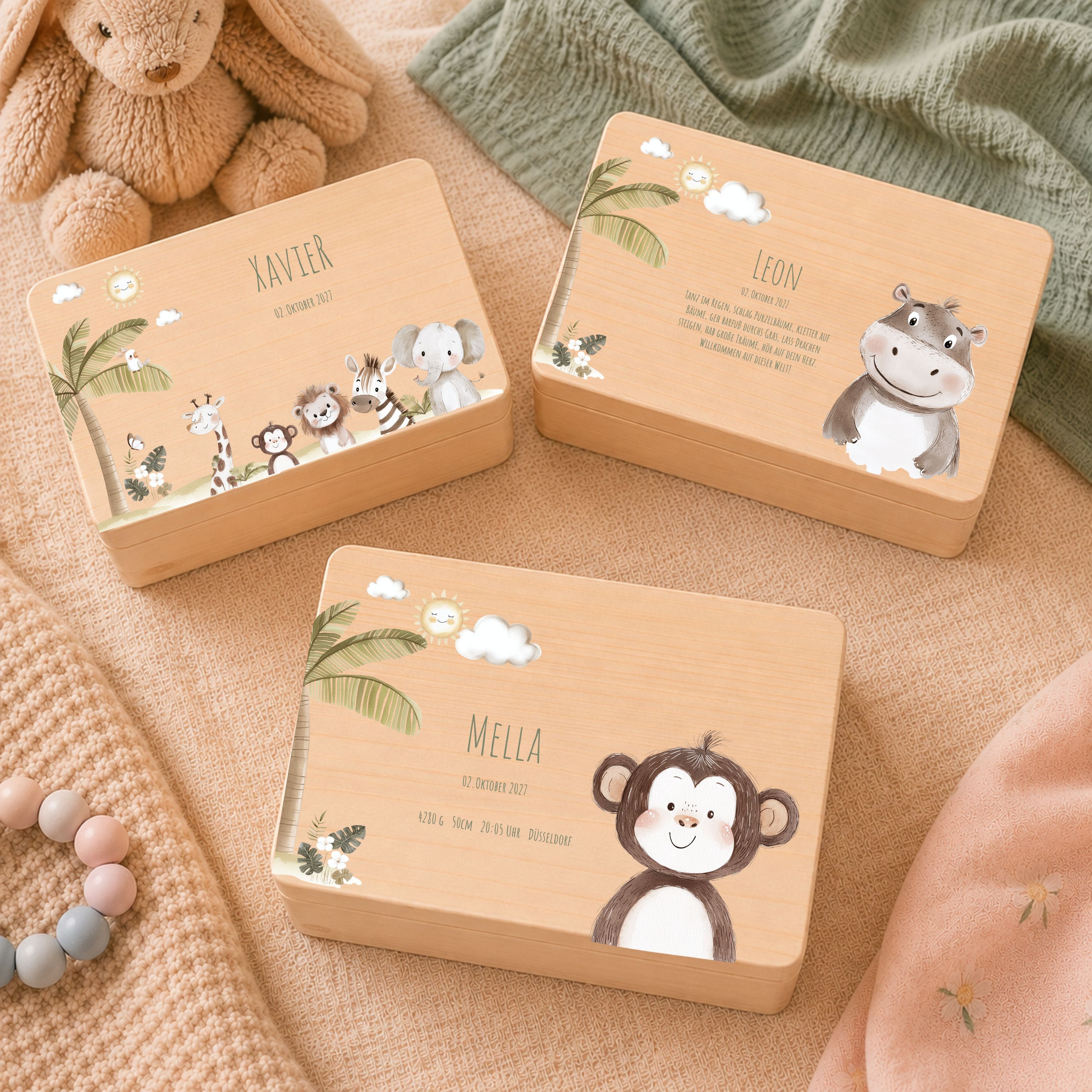 Erinnerungsbox Baby mit Deckel Safari Tiere personalisiert – Ansicht 2