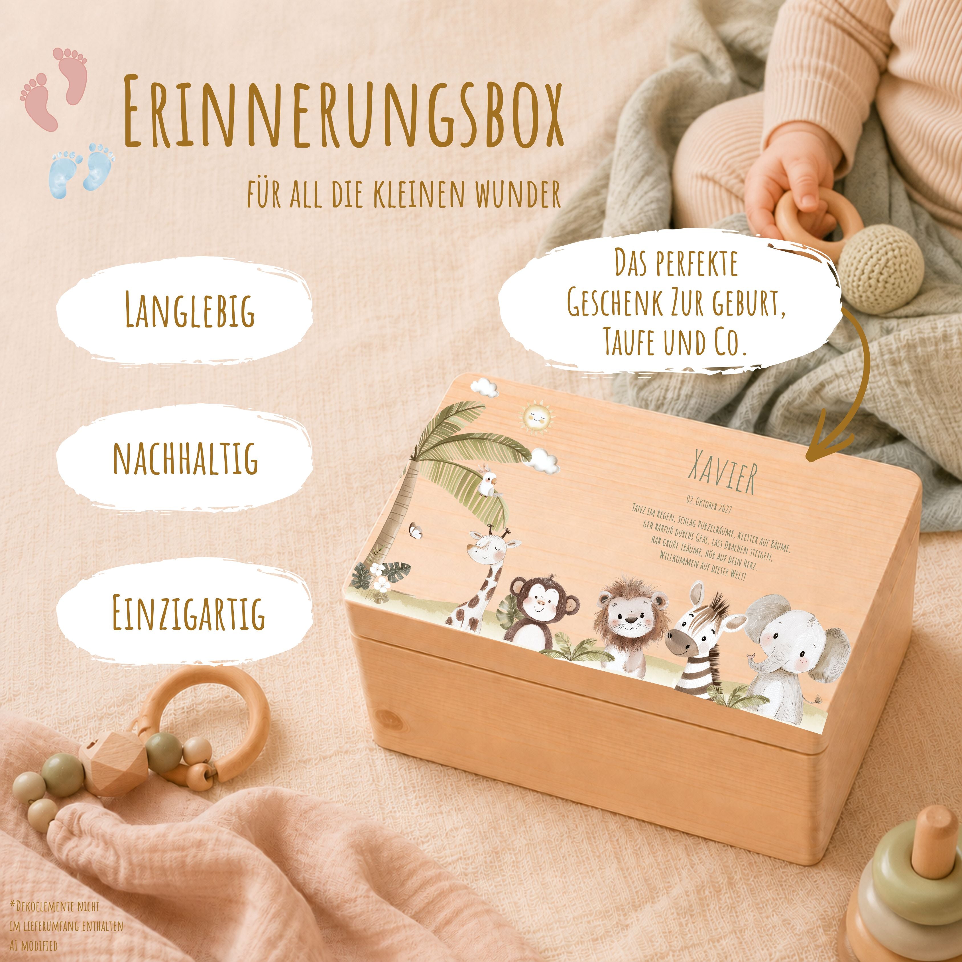 Erinnerungsbox Baby mit Deckel Safari Tiere personalisiert – Ansicht 3