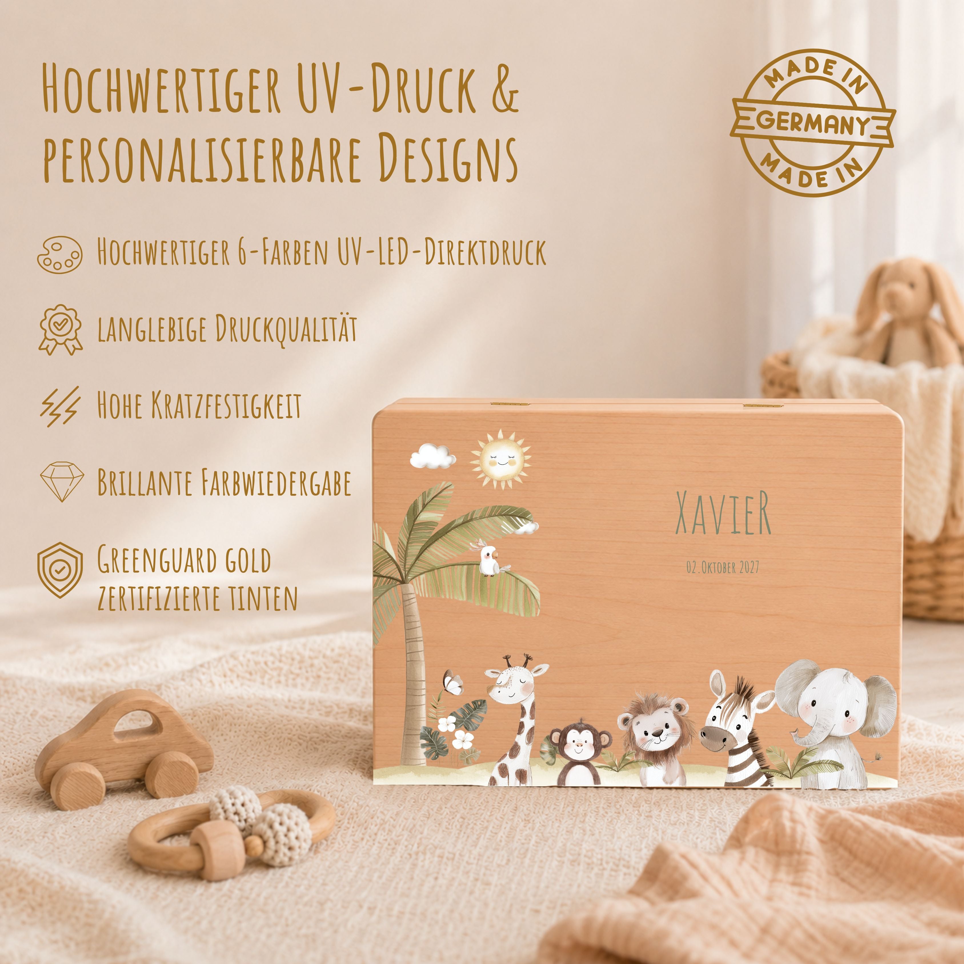 Erinnerungsbox Baby mit Deckel Motiv Safaritiere personalisiert – Ansicht 4