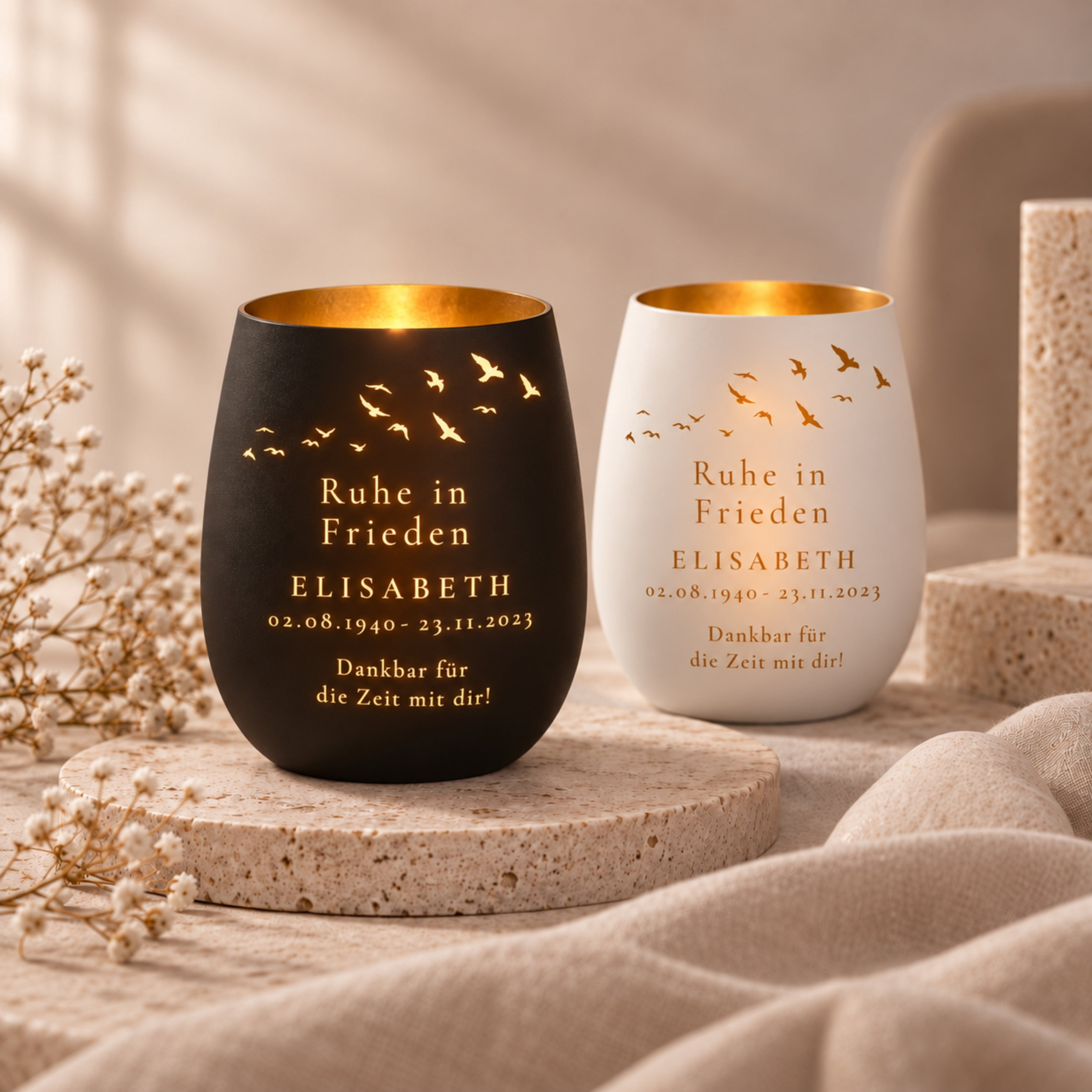 Trauerlicht aus Glas mit Gravur Vögel, personalisiert