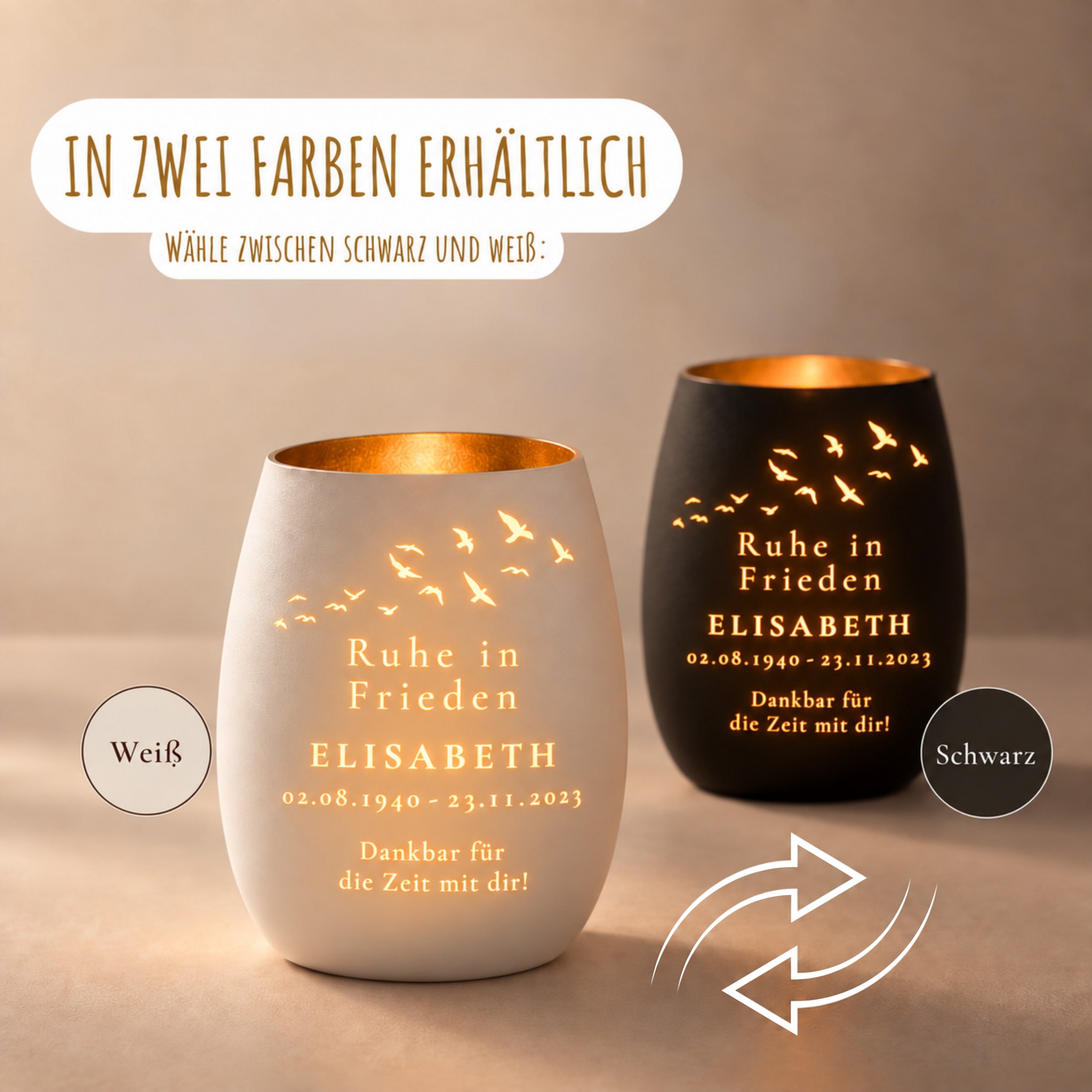 Trauerlicht aus Glas mit Gravur Vögel – Ansicht 5
