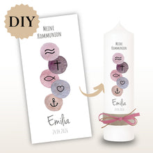Lade das Bild in den Galerie-Viewer, Kerzenfolie Kommunionkerze "Emilia" christliche Symbole - personalisiert

