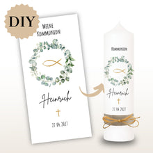 Lade das Bild in den Galerie-Viewer, Kerzenfolie Kommunionkerze "Heinrich" Eukalyptuskranz - personalisiert
