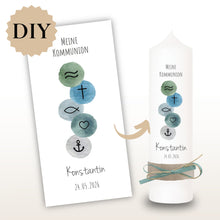 Lade das Bild in den Galerie-Viewer, Kerzenfolie Kommunionkerze "Konstantin" christliche Symbole - personalisiert
