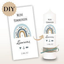 Lade das Bild in den Galerie-Viewer, Kerzenfolie Kommunionkerze "Laurenz" Sterne Regenbogen - personalisiert
