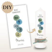 Lade das Bild in den Galerie-Viewer, Kerzenfolie Kommunionkerze “Marius“ christliche Symbole - personalisiert
