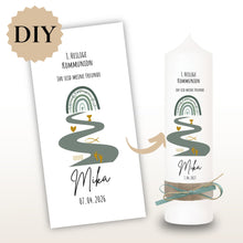 Lade das Bild in den Galerie-Viewer, Kerzenfolie Kommunionkerze "Käthe " Eukalyptus Regenbogen - personalisiert

