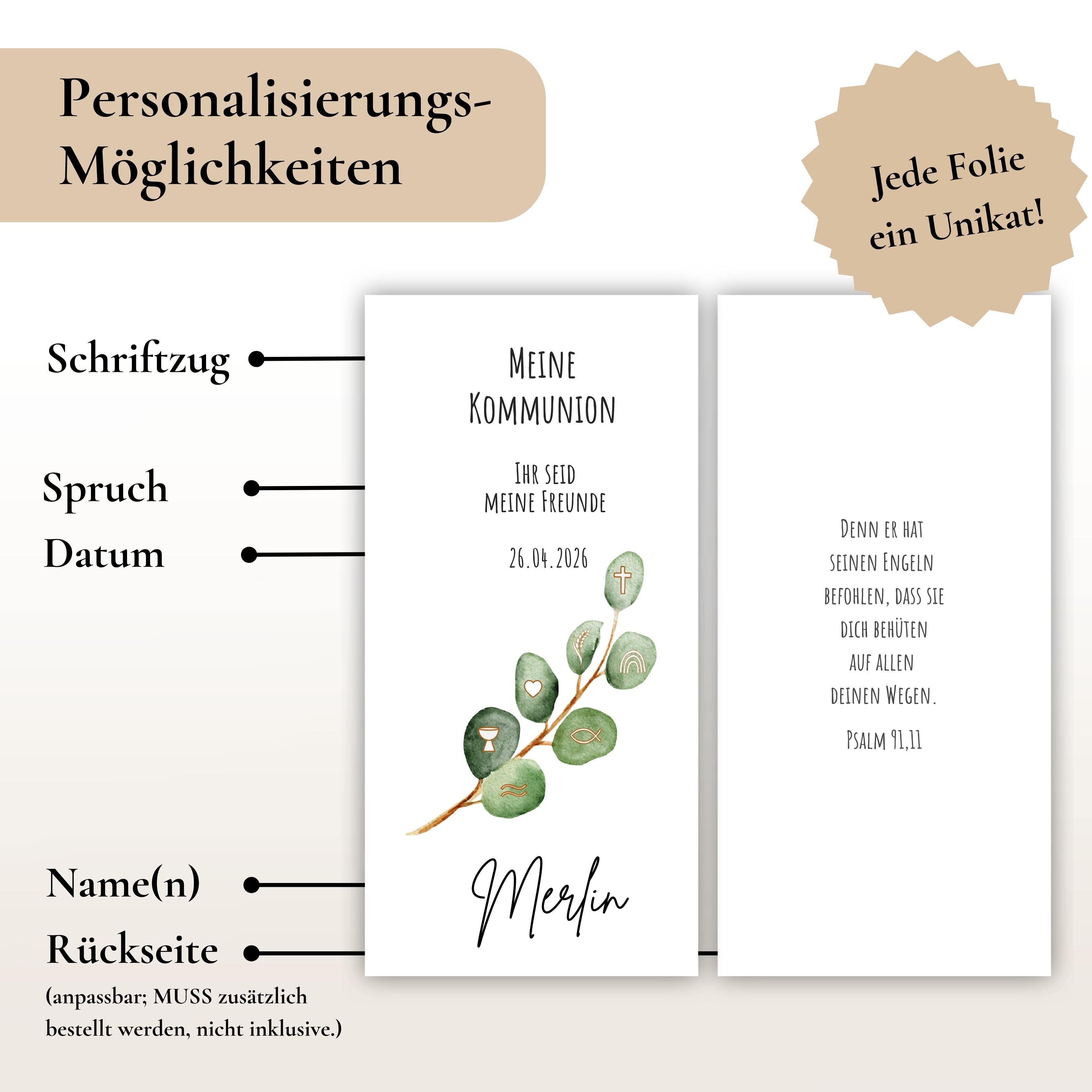 Kerzenfolie Kommunionkerze "Merlin" - personalisiert