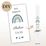 Kerzenfolie Kommunionkerze "Andrea" Eukalyptus Regenbogen - personalisiert