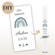 Lade das Bild in den Galerie-Viewer, Kerzenfolie Kommunionkerze "Andrea" Eukalyptus Regenbogen - personalisiert
