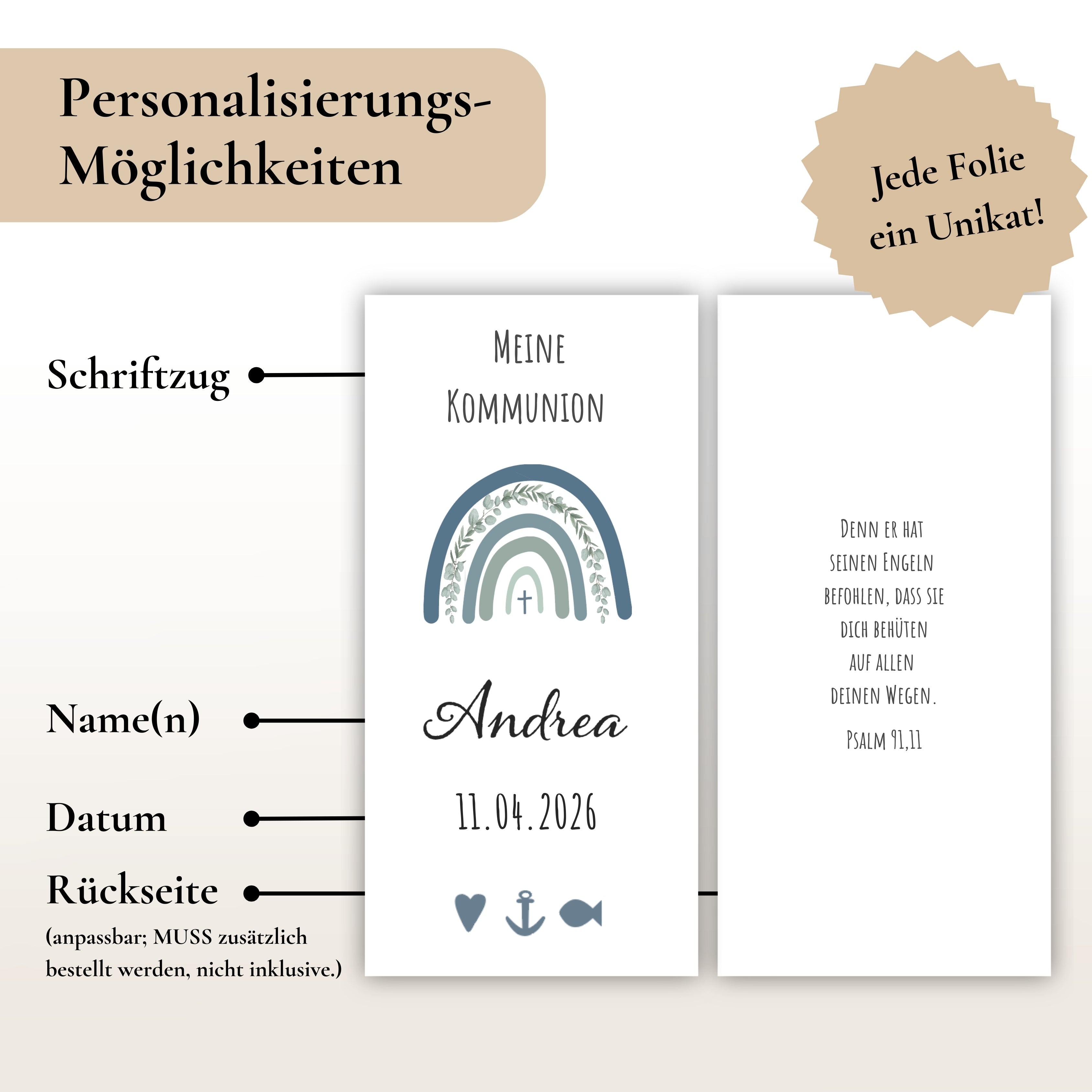 Kerzenfolie Kommunionkerze "Andrea" Eukalyptus Regenbogen - personalisiert