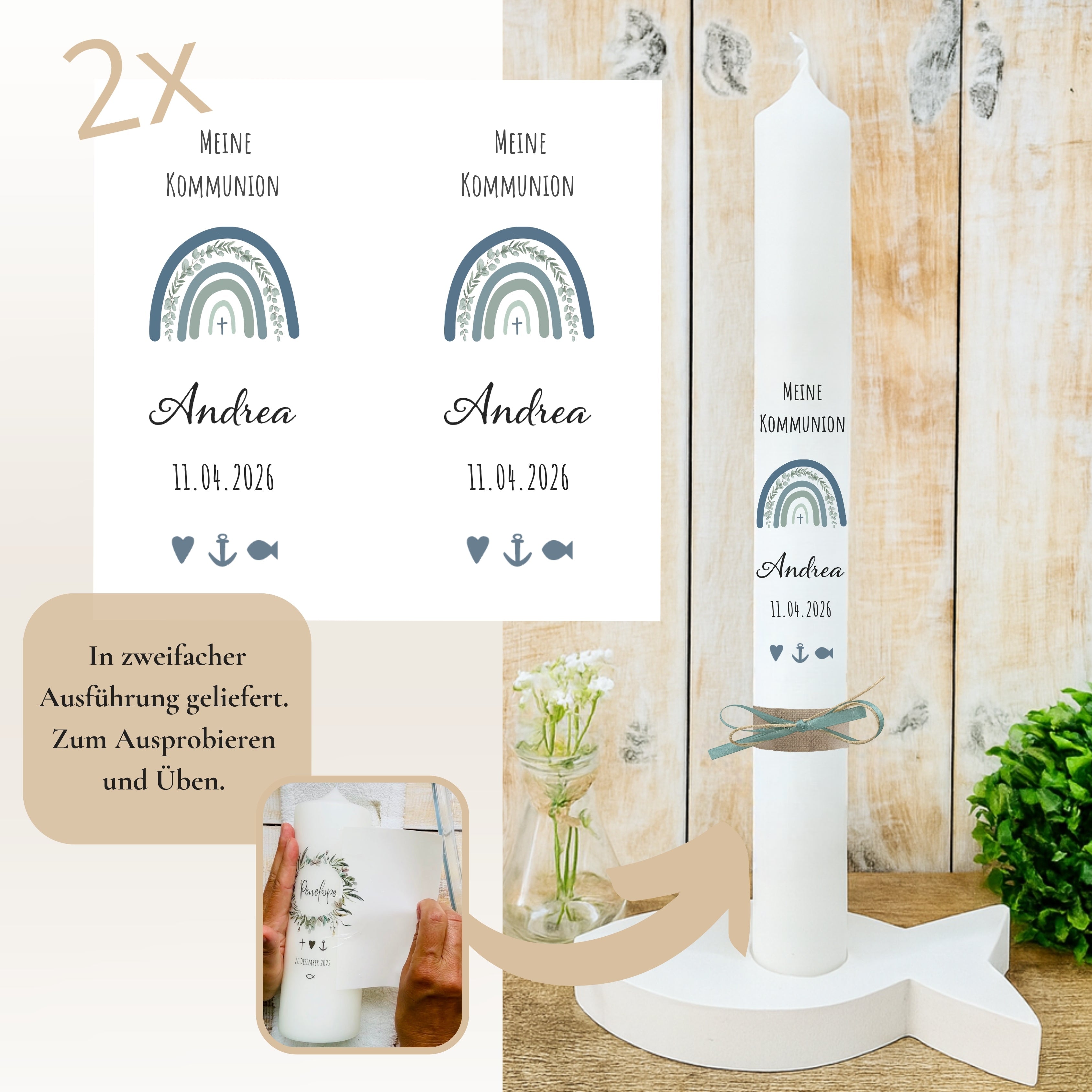 Kerzenfolie Kommunionkerze "Andrea" Eukalyptus Regenbogen - personalisiert