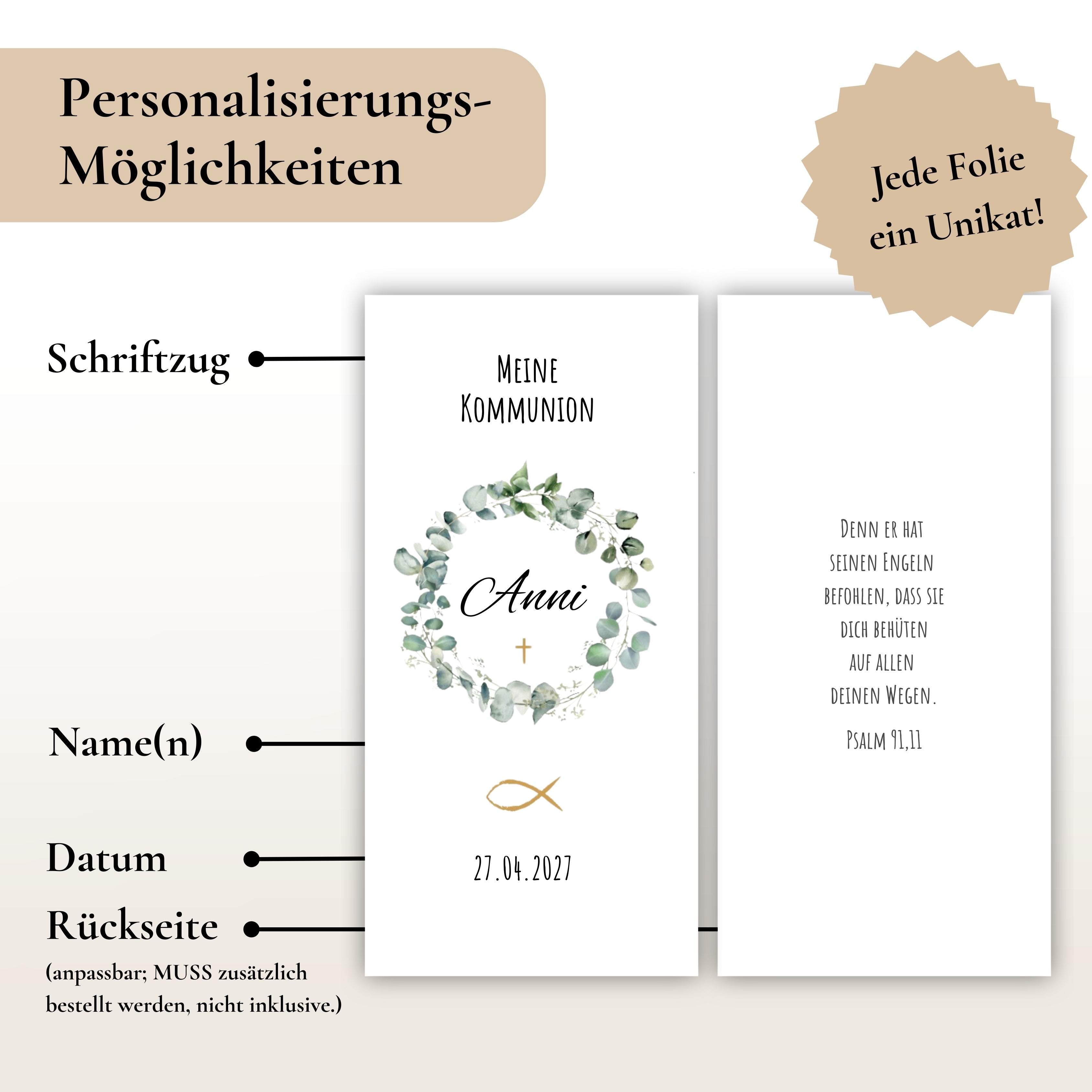 Kerzenfolie Kommunionkerze "Anni" Eukalyptuskranz - personalisiert