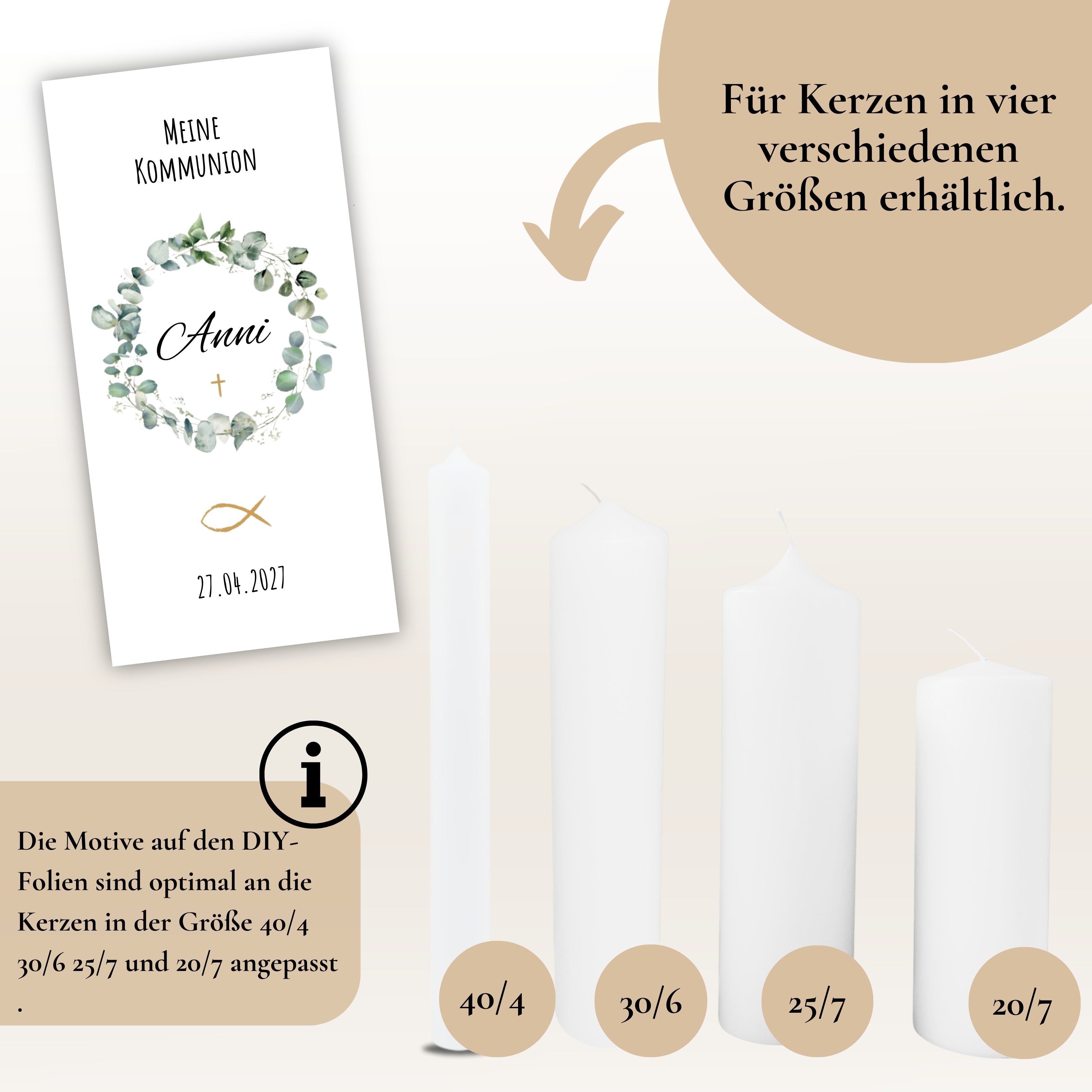 Kerzenfolie Kommunionkerze "Anni" Eukalyptuskranz - personalisiert