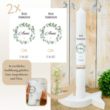 Lade das Bild in den Galerie-Viewer, Kerzenfolie Kommunionkerze "Anni" Eukalyptuskranz - personalisiert
