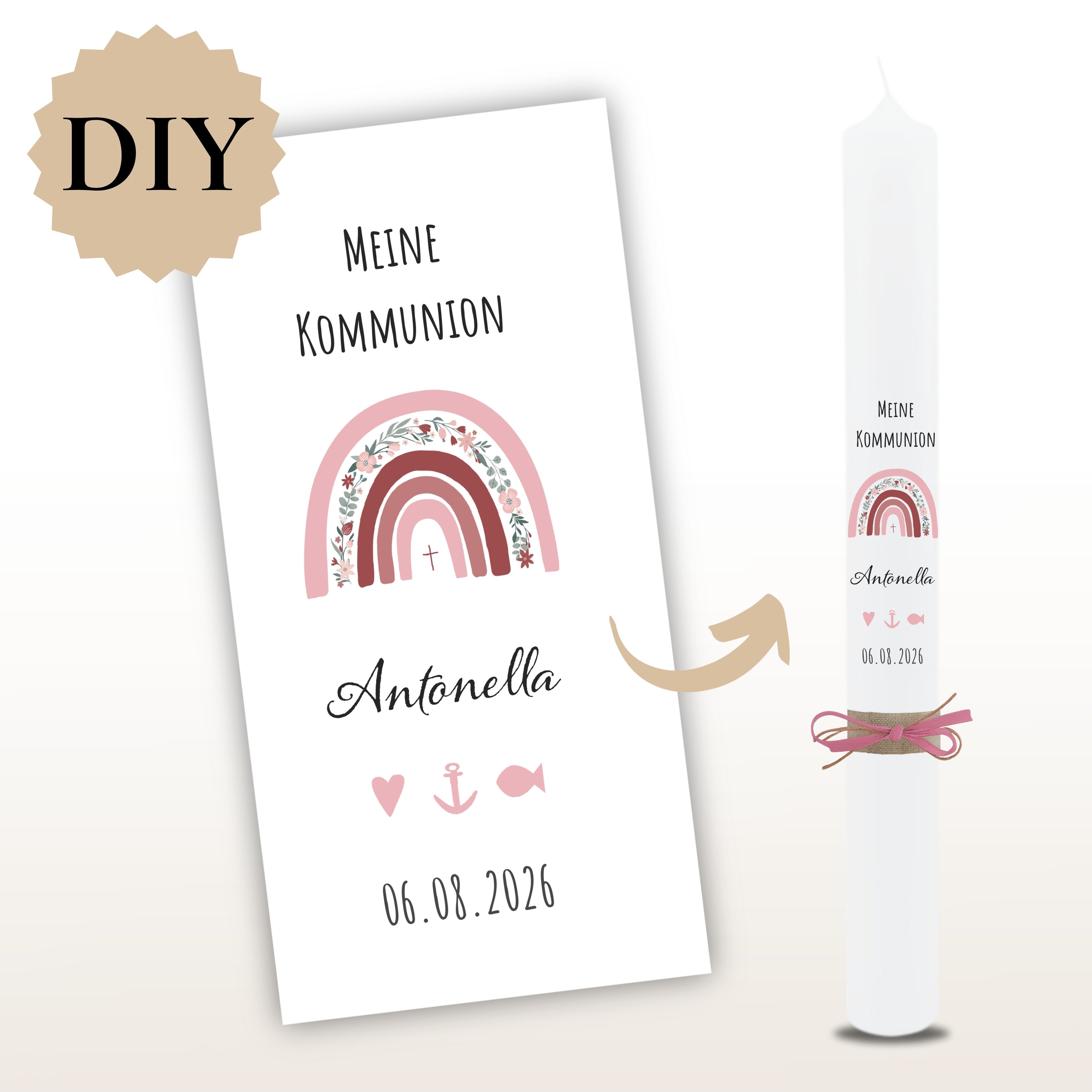Kerzenfolie Kommunionkerze "Antonella" Blumen Regenbogen - personalisiert