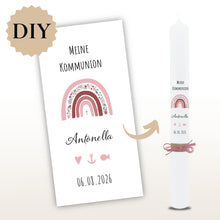 Lade das Bild in den Galerie-Viewer, Kerzenfolie Kommunionkerze "Antonella" Blumen Regenbogen - personalisiert
