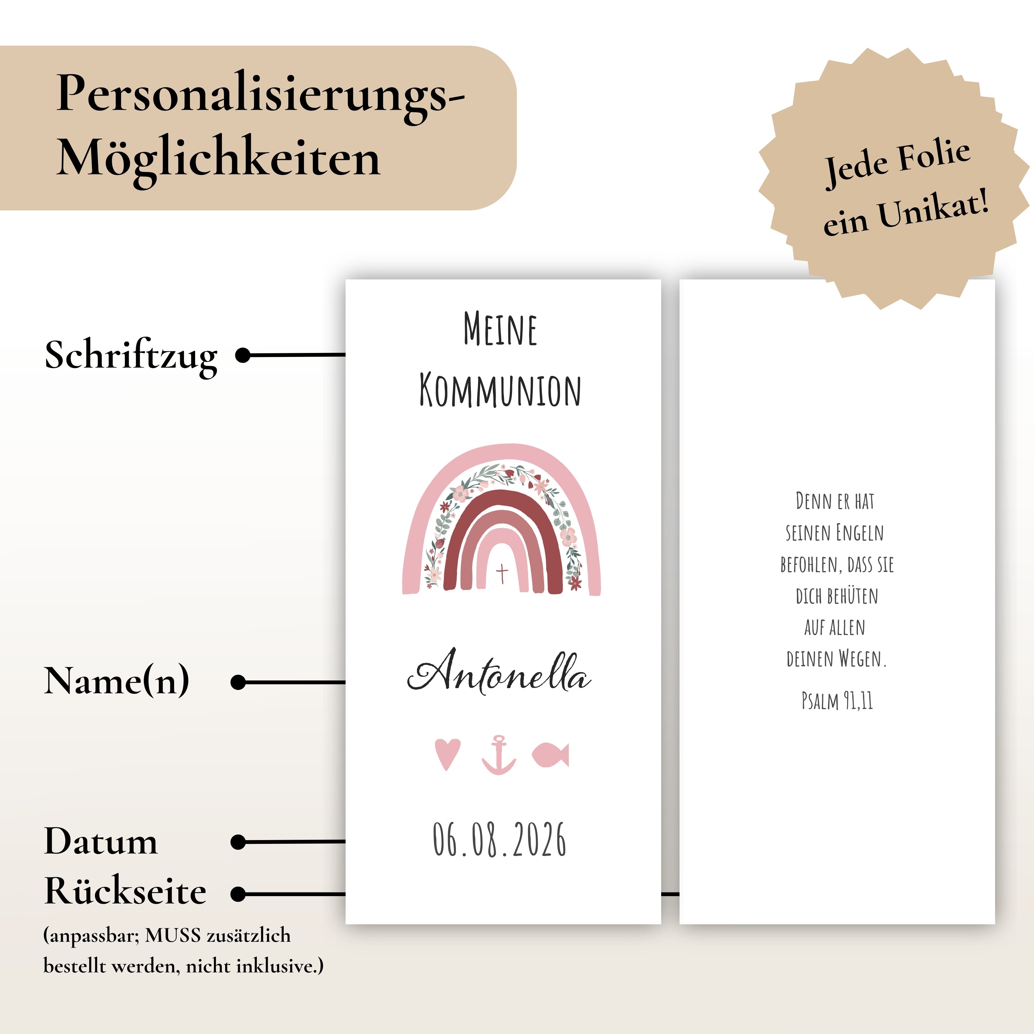 Kerzenfolie Kommunionkerze "Antonella" Blumen Regenbogen - personalisiert
