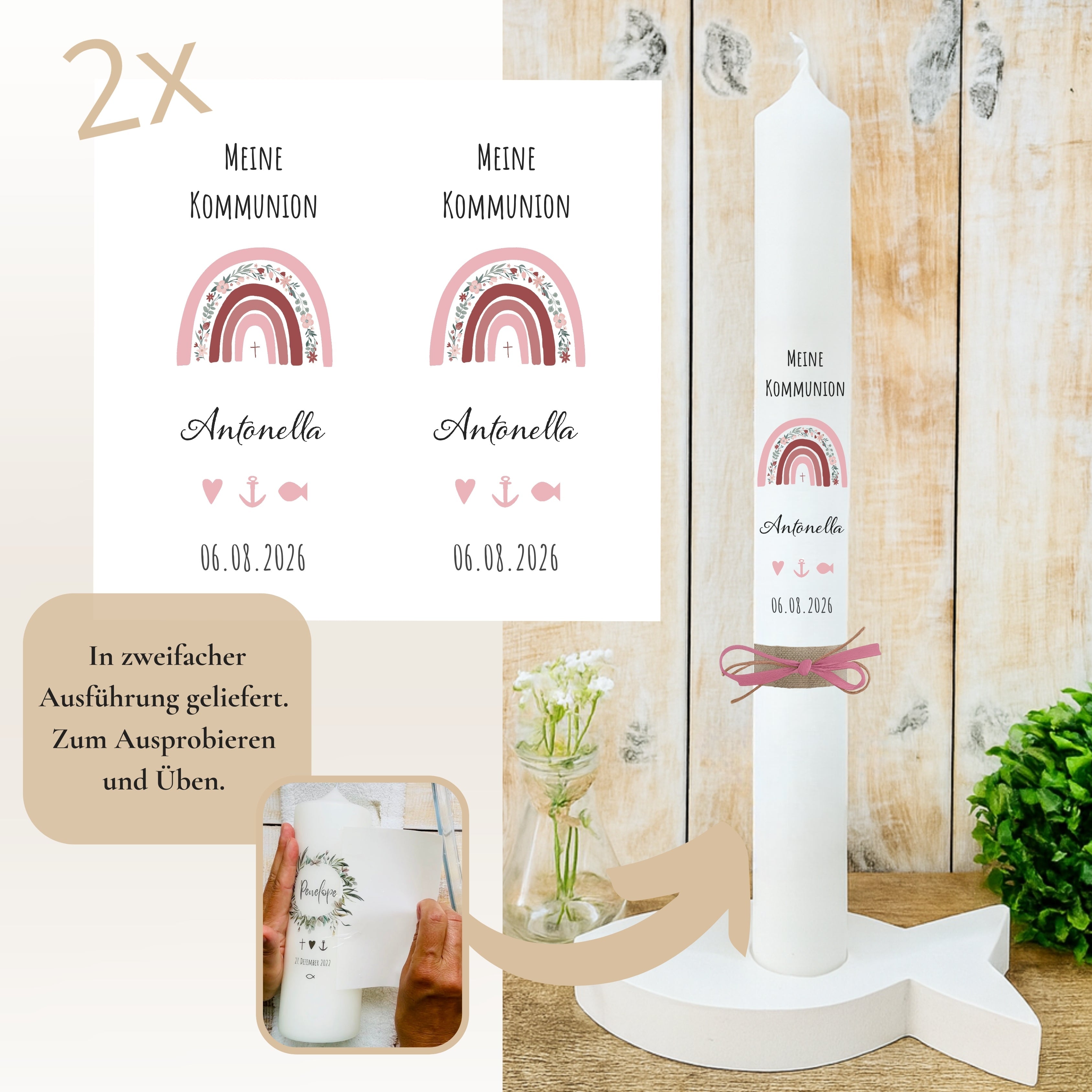 Kerzenfolie Kommunionkerze "Antonella" Blumen Regenbogen - personalisiert