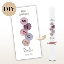 Lade das Bild in den Galerie-Viewer, Kerzenfolie Kommunionkerze "Emilia" christliche Symbole - personalisiert
