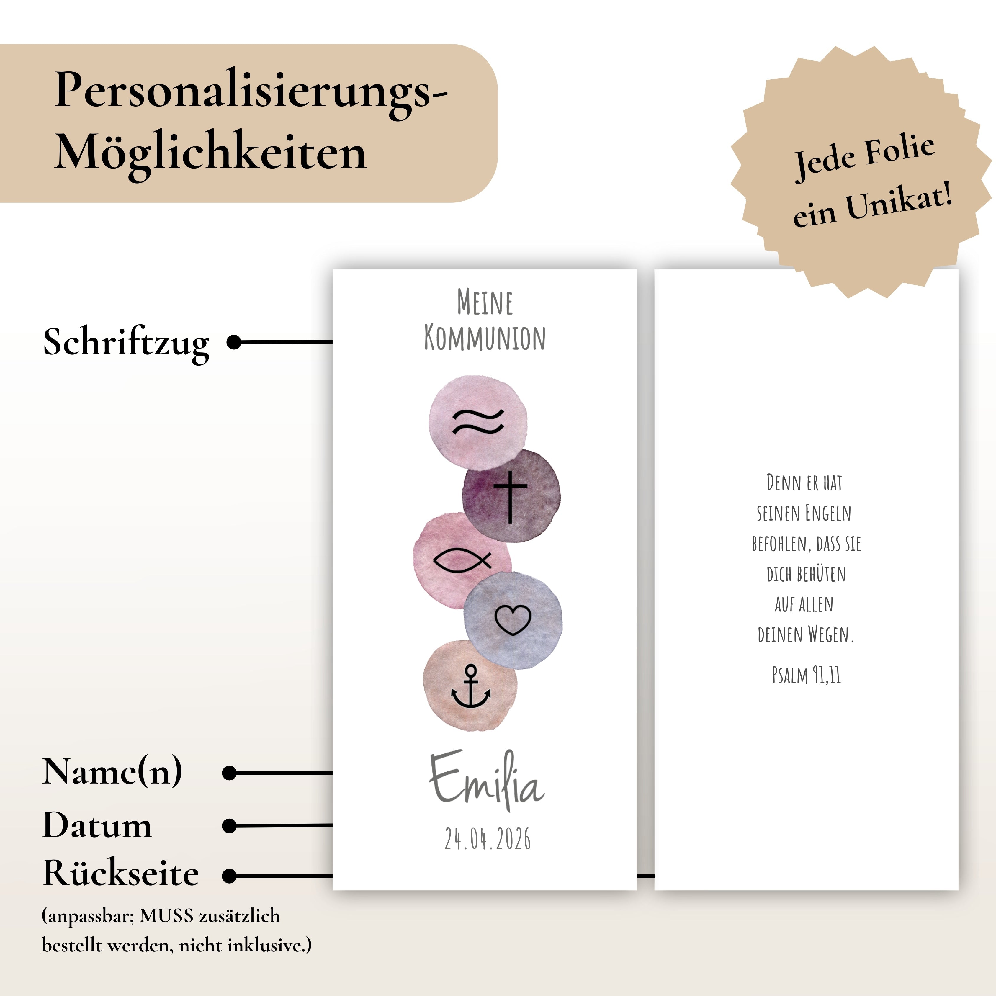 Kerzenfolie Kommunionkerze "Emilia" christliche Symbole - personalisiert