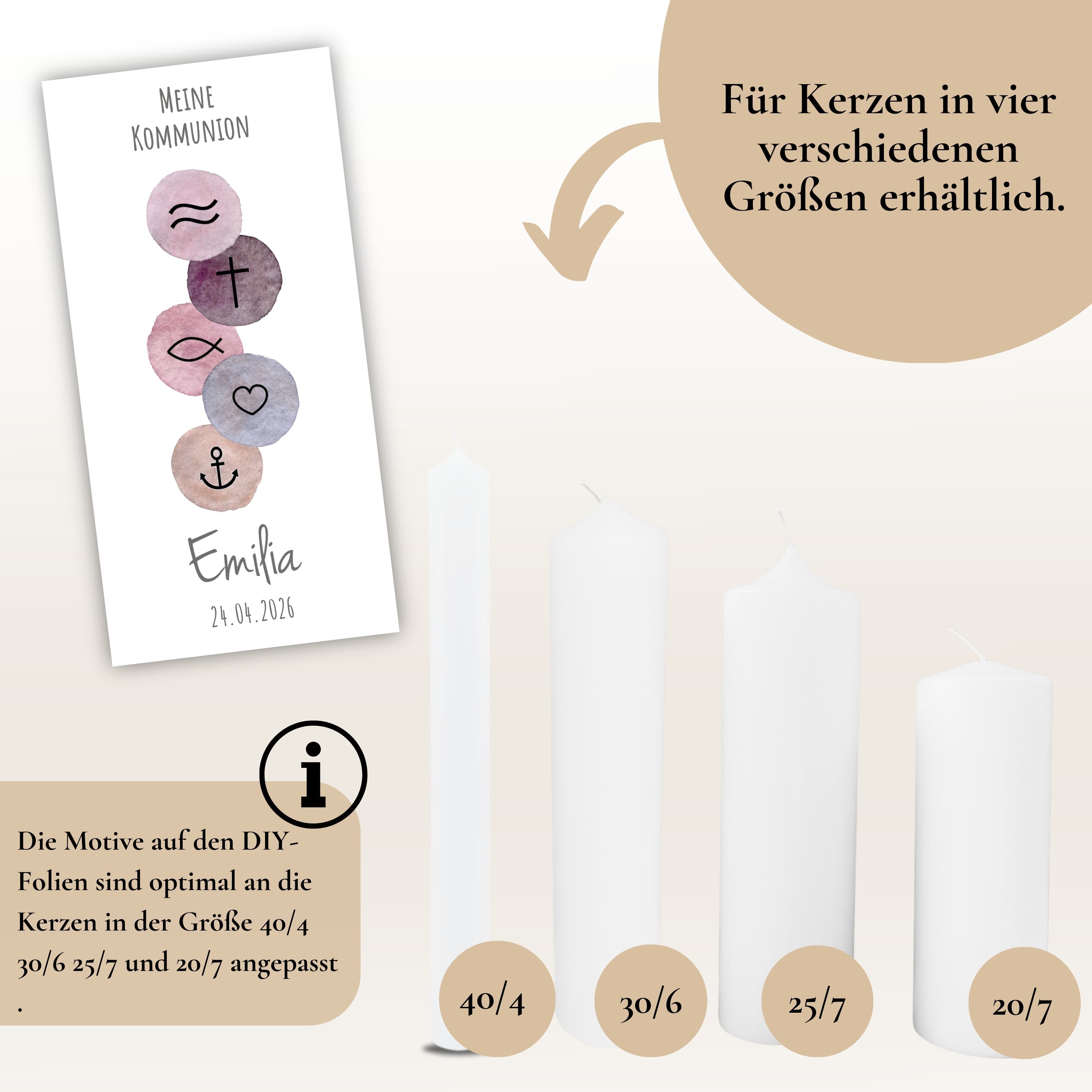 Kerzenfolie Kommunionkerze "Emilia" christliche Symbole - personalisiert