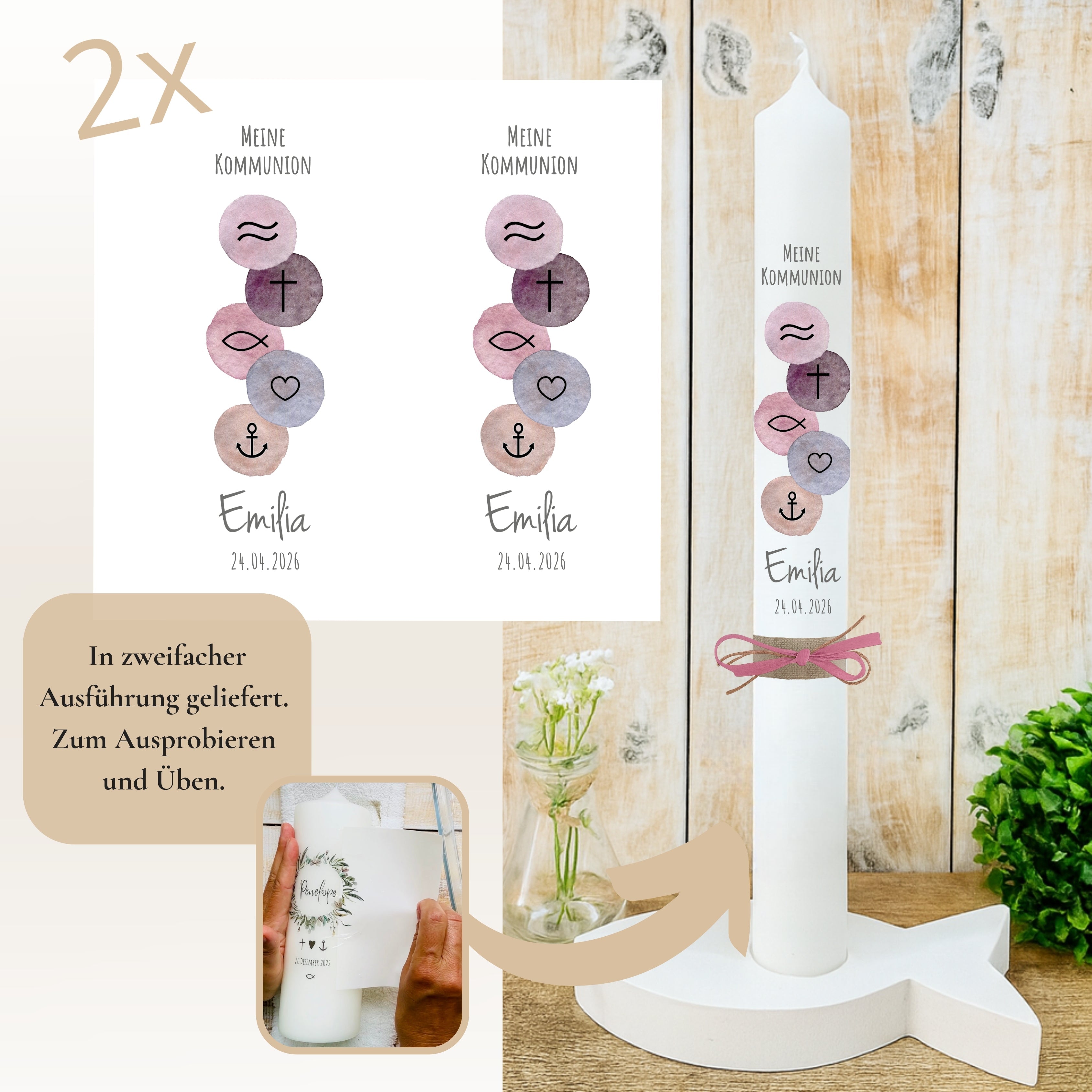 Kerzenfolie Kommunionkerze "Emilia" christliche Symbole - personalisiert