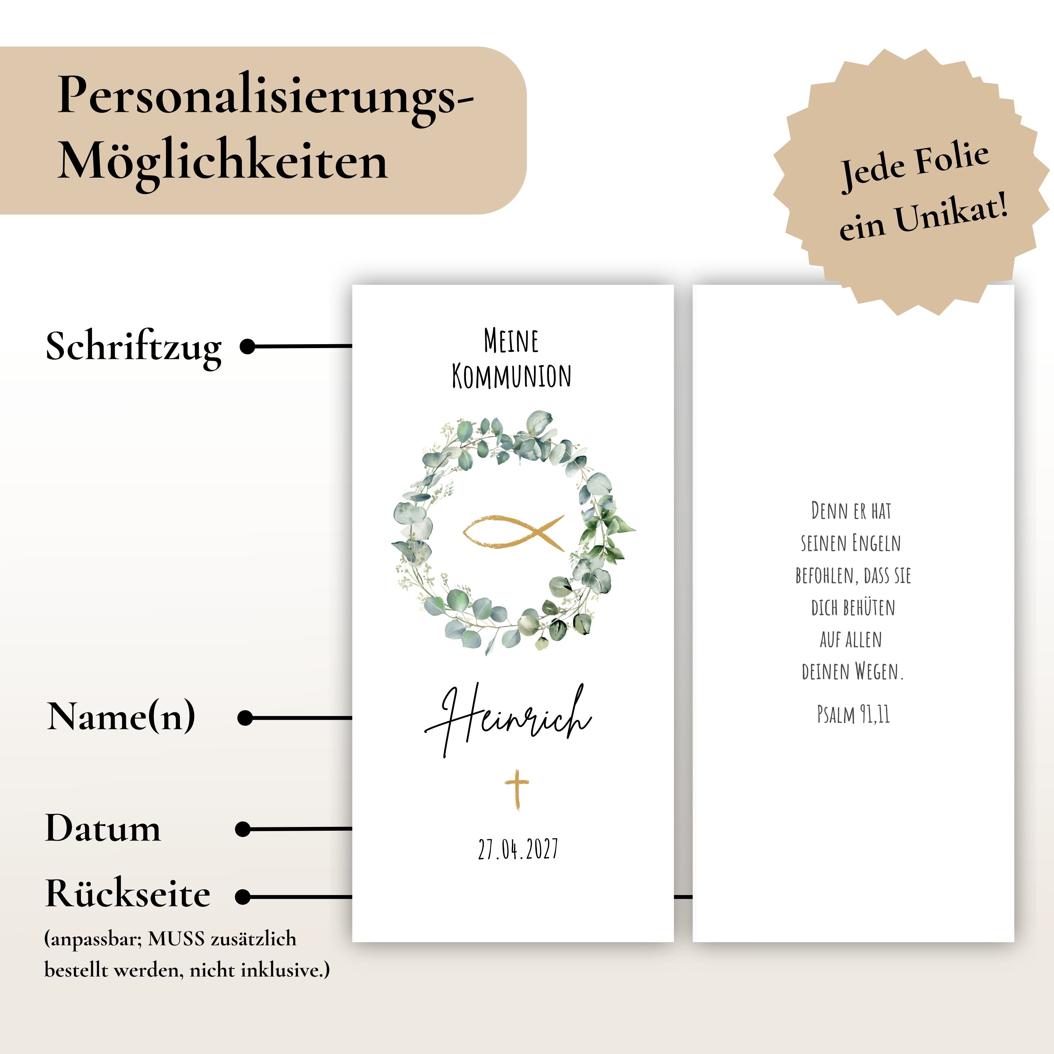 Kerzenfolie Kommunionkerze "Heinrich" Eukalyptuskranz - personalisiert