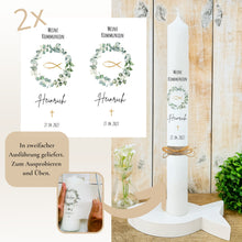 Lade das Bild in den Galerie-Viewer, Kerzenfolie Kommunionkerze "Heinrich" Eukalyptuskranz - personalisiert
