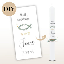 Lade das Bild in den Galerie-Viewer, Kerzenfolie Kommunionkerze "Jonas" Eukalyptusfisch - personalisiert
