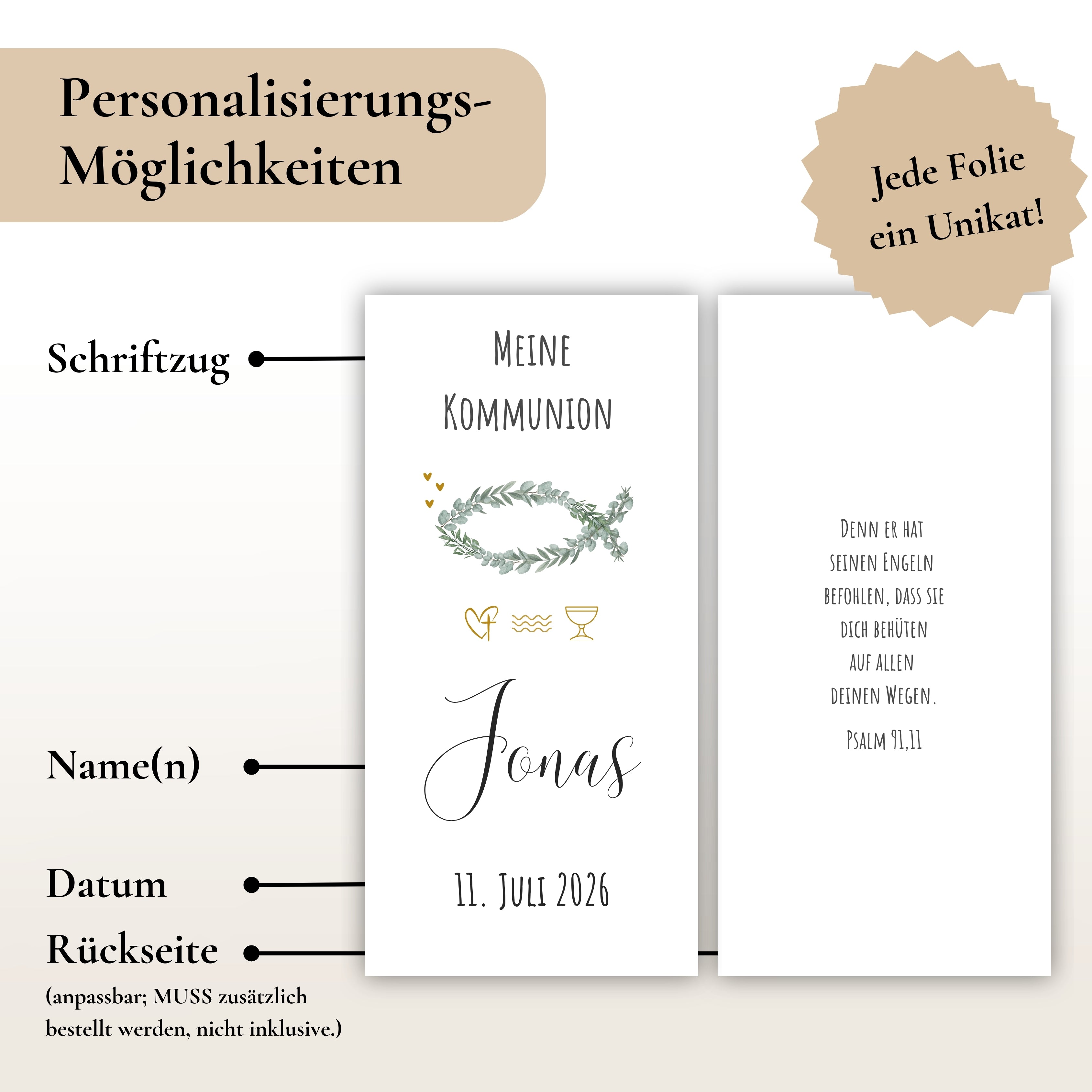 Kerzenfolie Kommunionkerze "Jonas" Eukalyptusfisch - personalisiert
