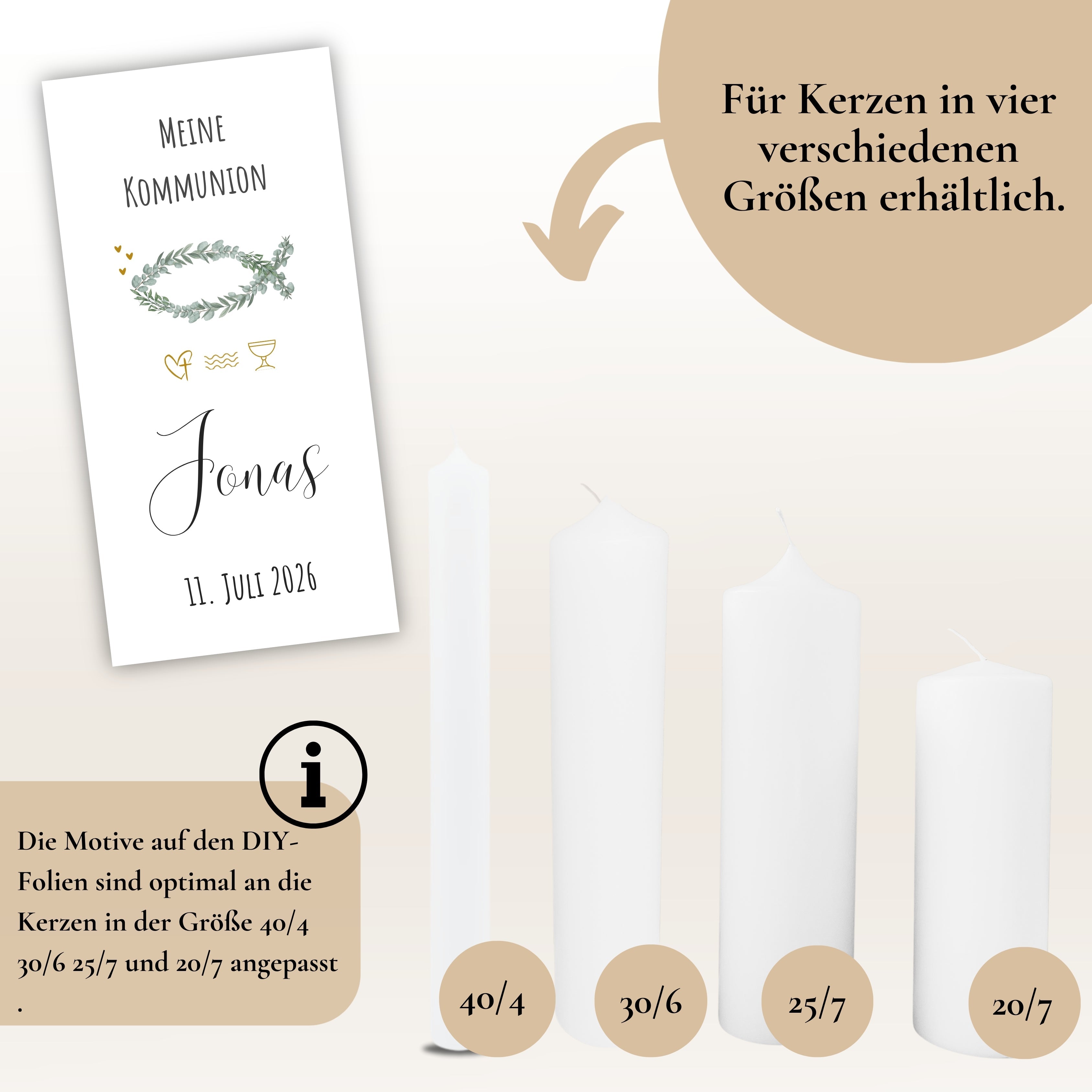 Kerzenfolie Kommunionkerze "Jonas" Eukalyptusfisch - personalisiert