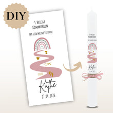 Lade das Bild in den Galerie-Viewer, Kerzenfolie Kommunionkerze "Käthe " Eukalyptus Regenbogen - personalisiert
