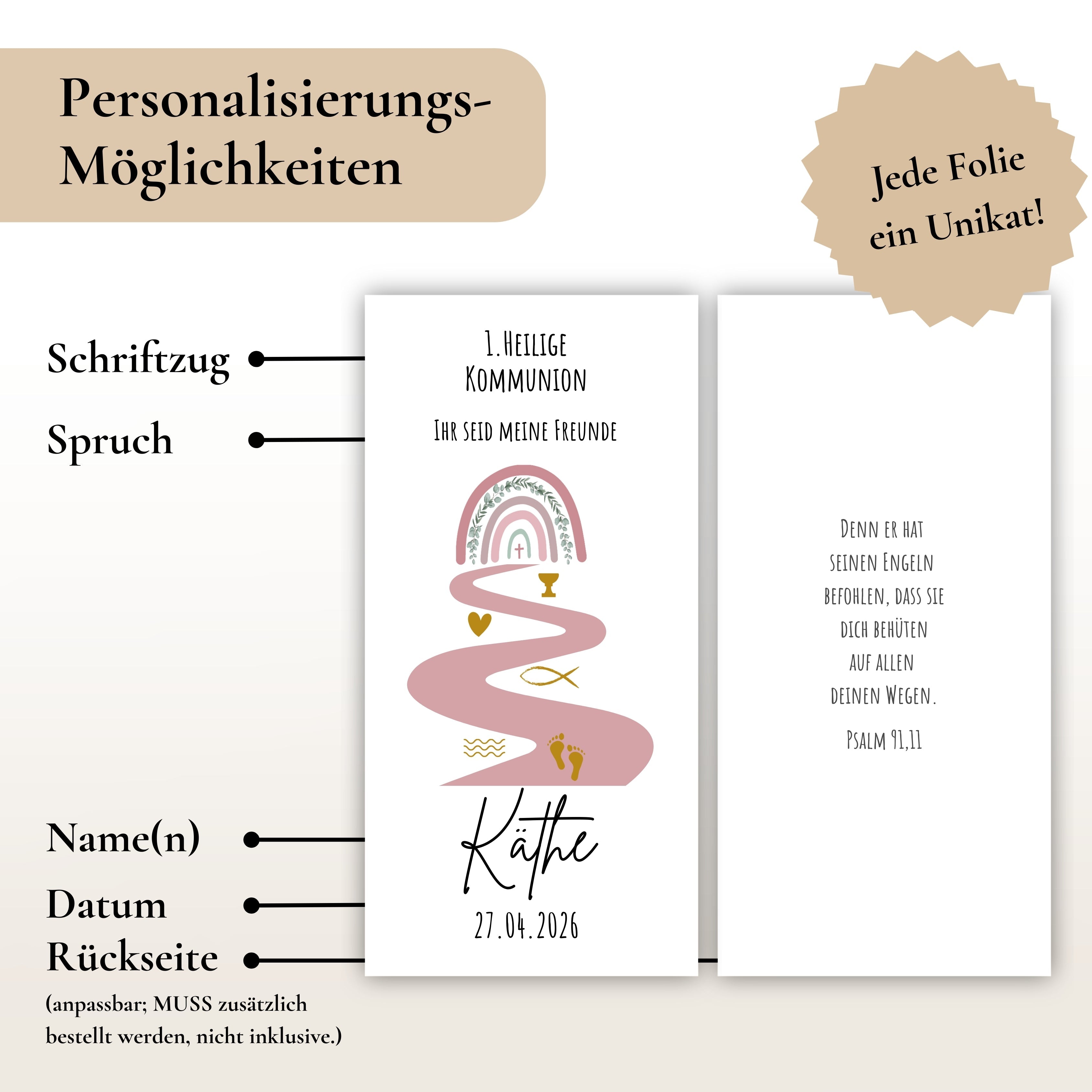 Kerzenfolie Kommunionkerze "Käthe " Eukalyptus Regenbogen - personalisiert