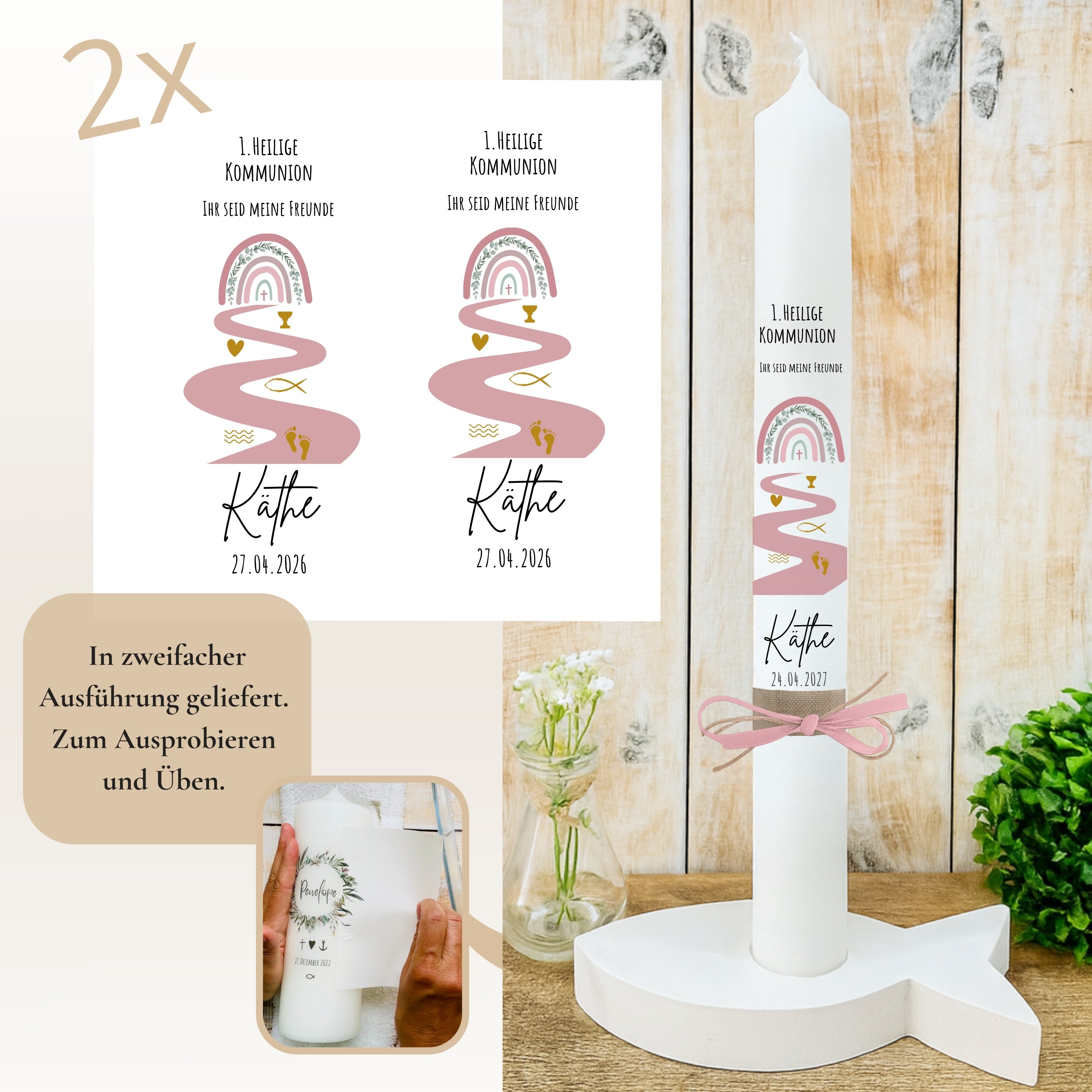 Kerzenfolie Kommunionkerze "Käthe " Eukalyptus Regenbogen - personalisiert