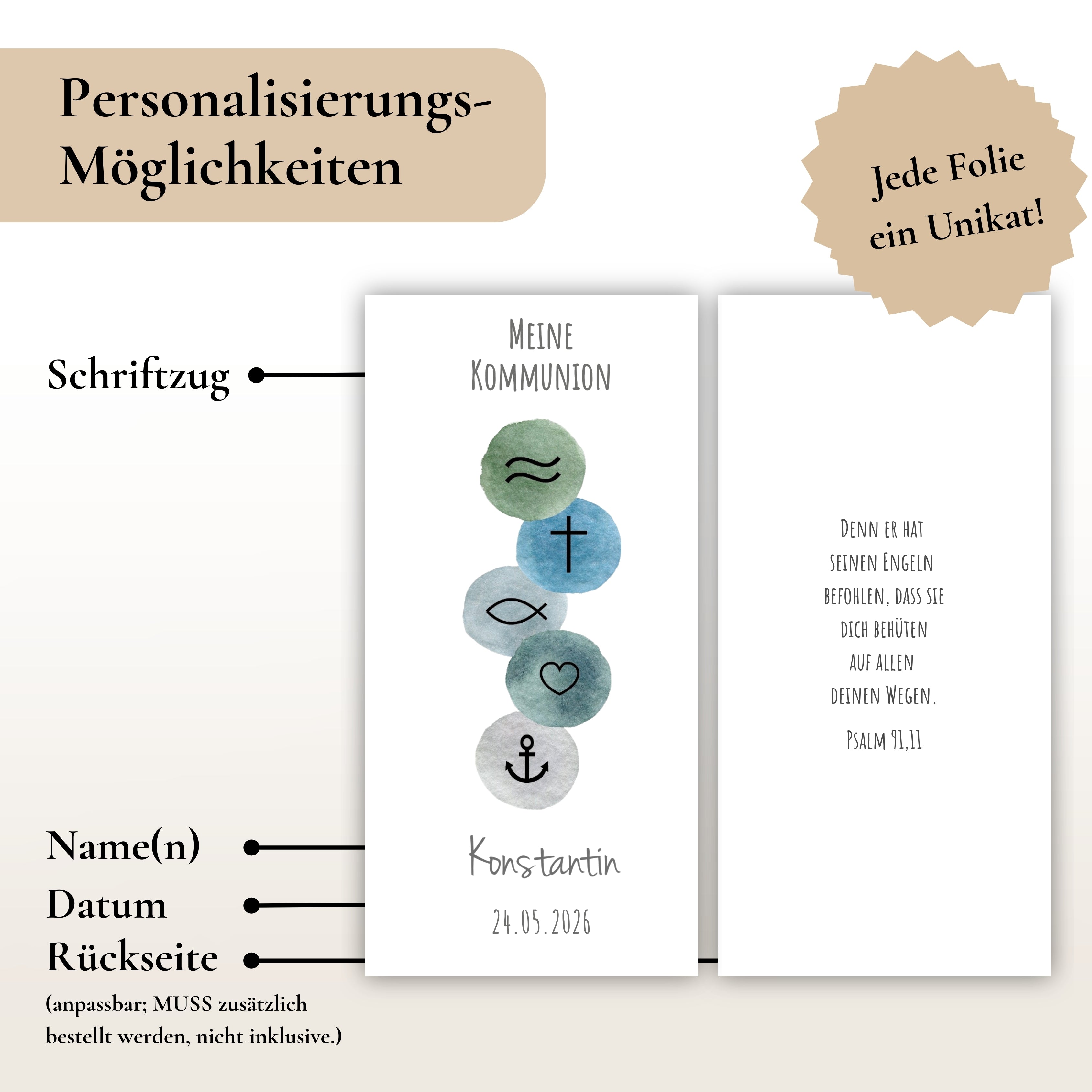 Kerzenfolie Kommunionkerze "Konstantin" christliche Symbole - personalisiert
