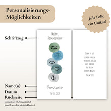 Lade das Bild in den Galerie-Viewer, Kerzenfolie Kommunionkerze "Konstantin" christliche Symbole - personalisiert
