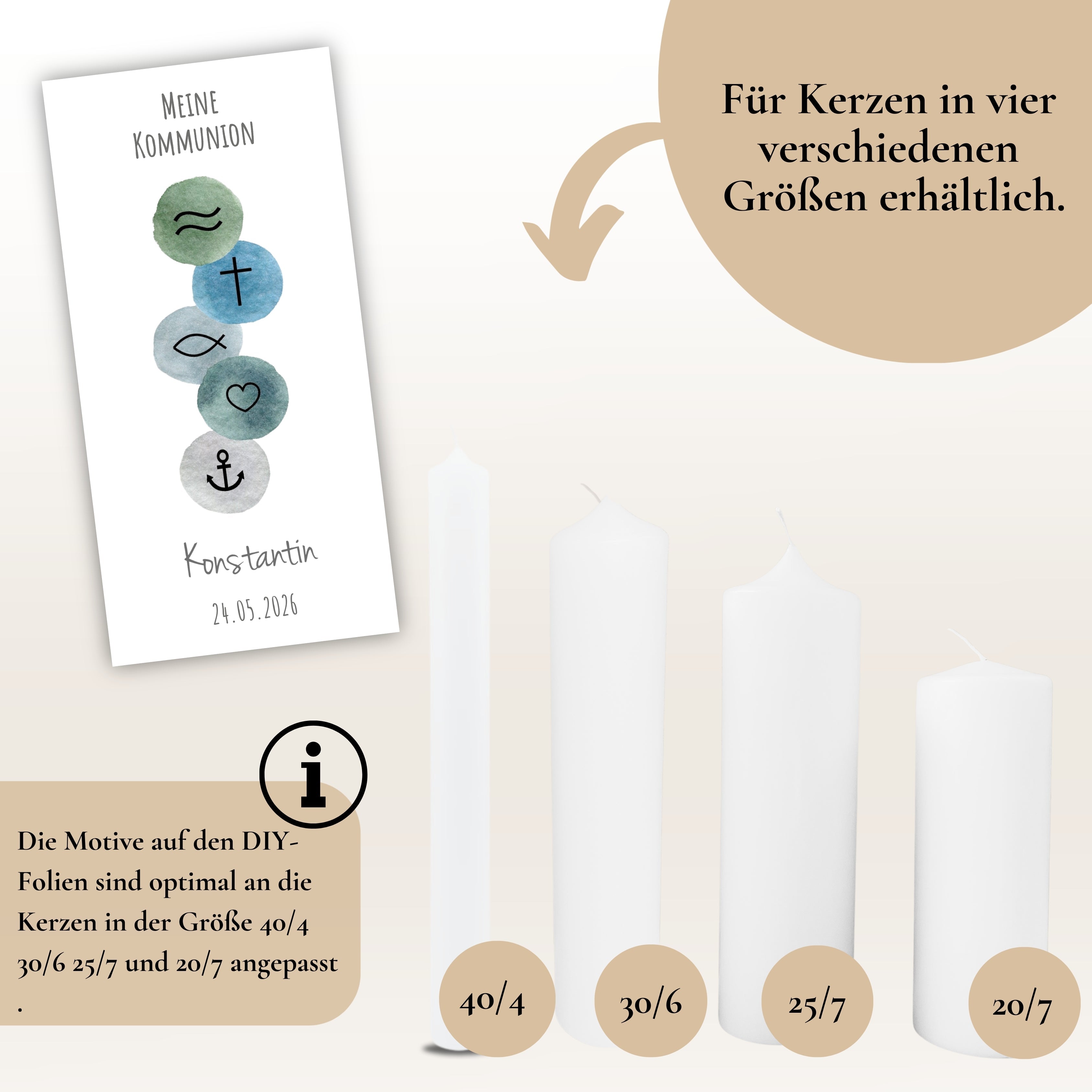 Kerzenfolie Kommunionkerze "Konstantin" christliche Symbole - personalisiert