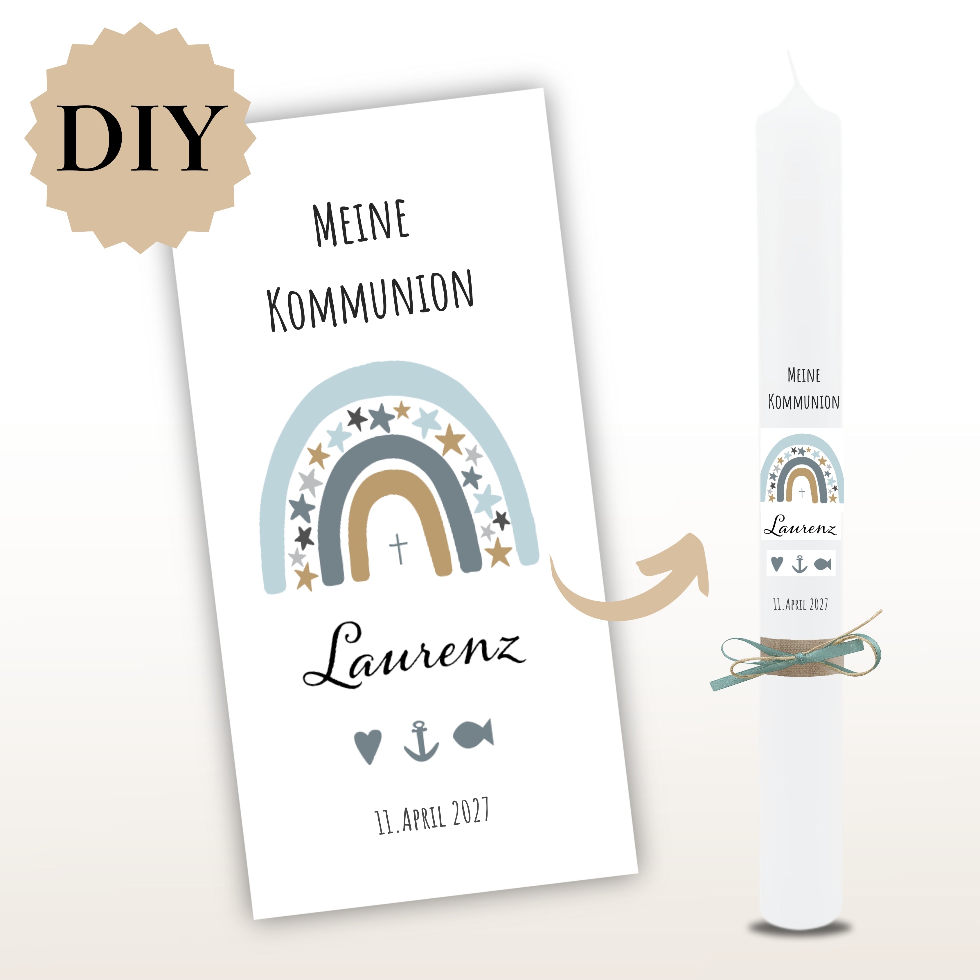 Kerzenfolie Kommunionkerze "Laurenz" Sterne Regenbogen - personalisiert
