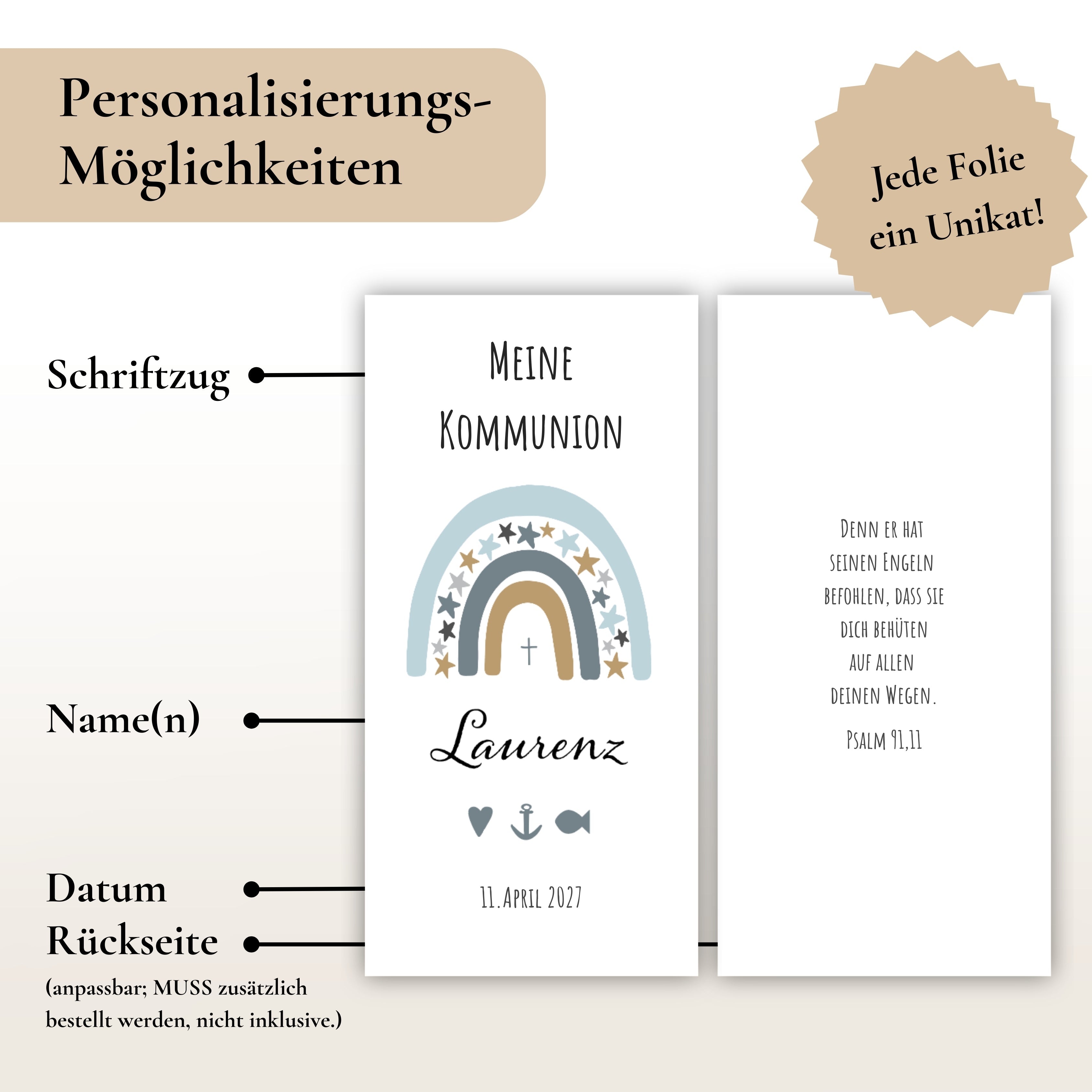 Kerzenfolie Kommunionkerze "Laurenz" Sterne Regenbogen - personalisiert