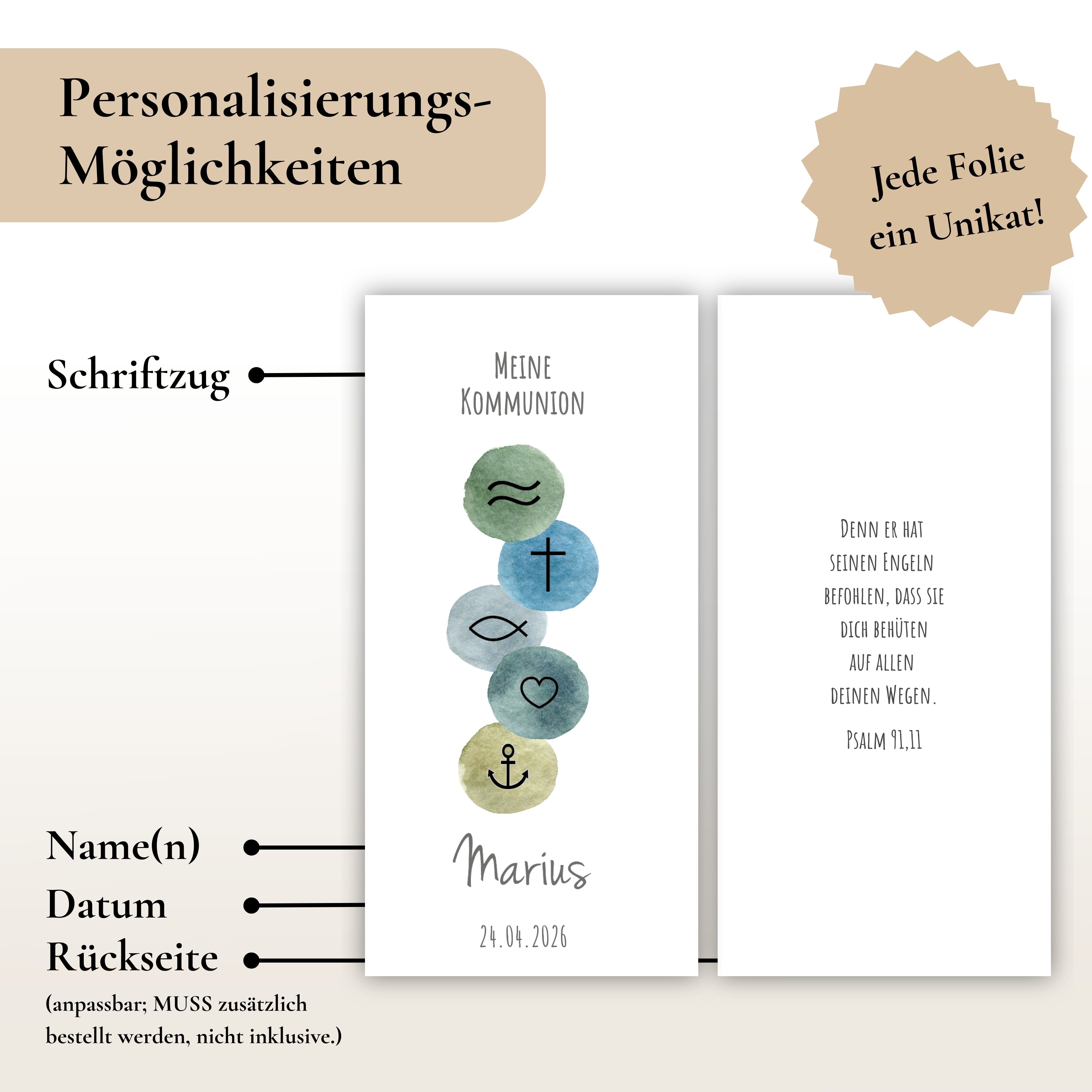 Kerzenfolie Kommunionkerze “Marius“ christliche Symbole - personalisiert