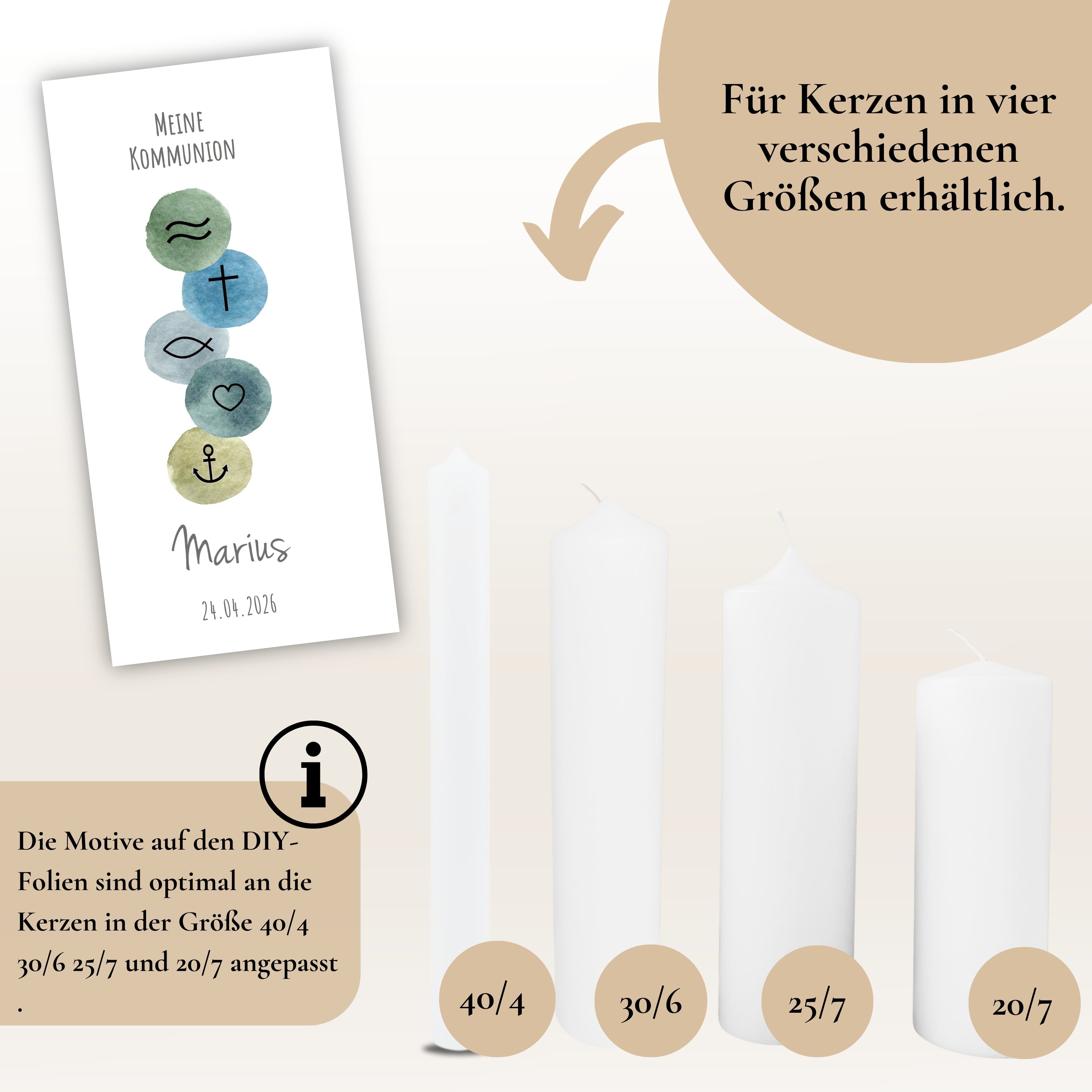 Kerzenfolie Kommunionkerze “Marius“ christliche Symbole - personalisiert