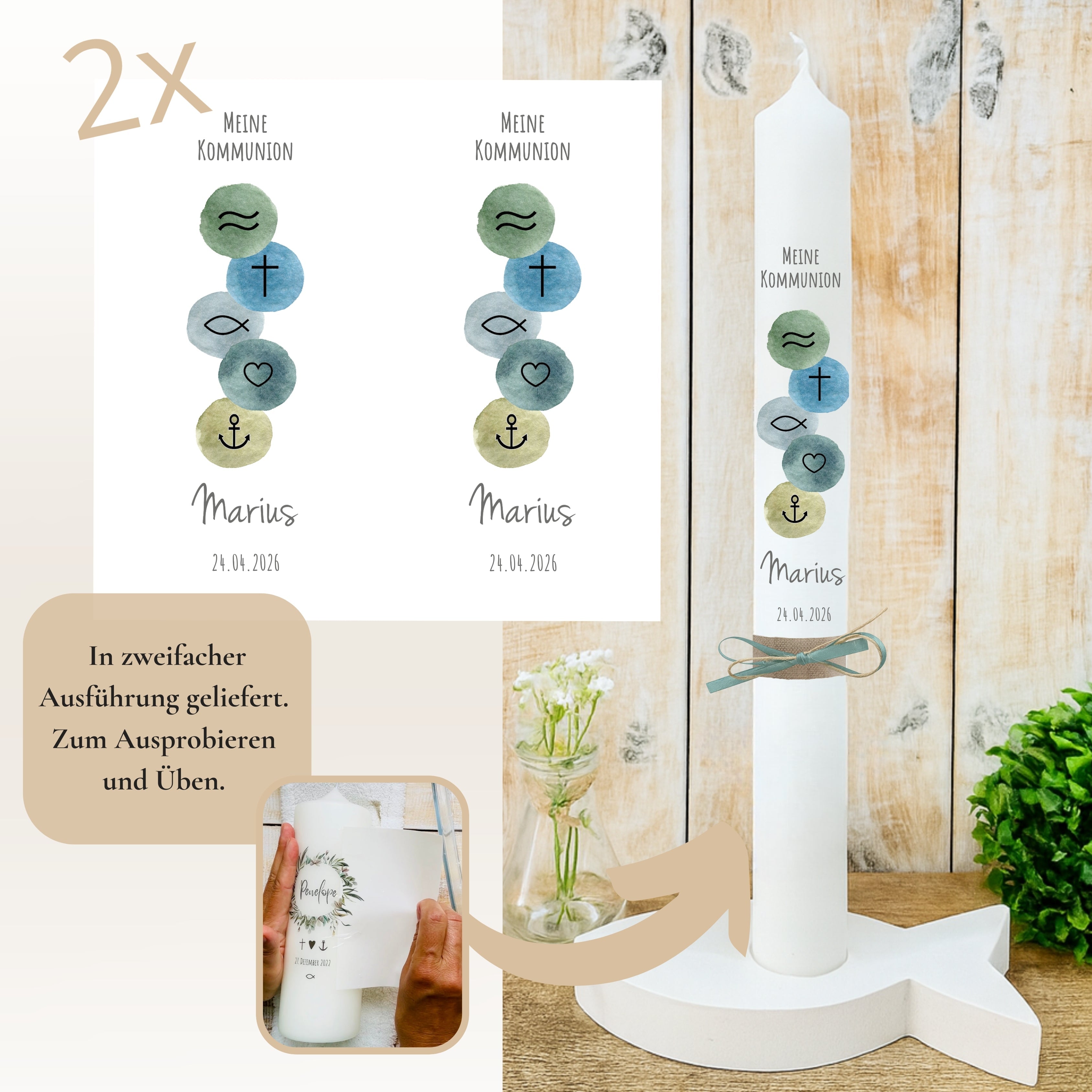 Kerzenfolie Kommunionkerze “Marius“ christliche Symbole - personalisiert