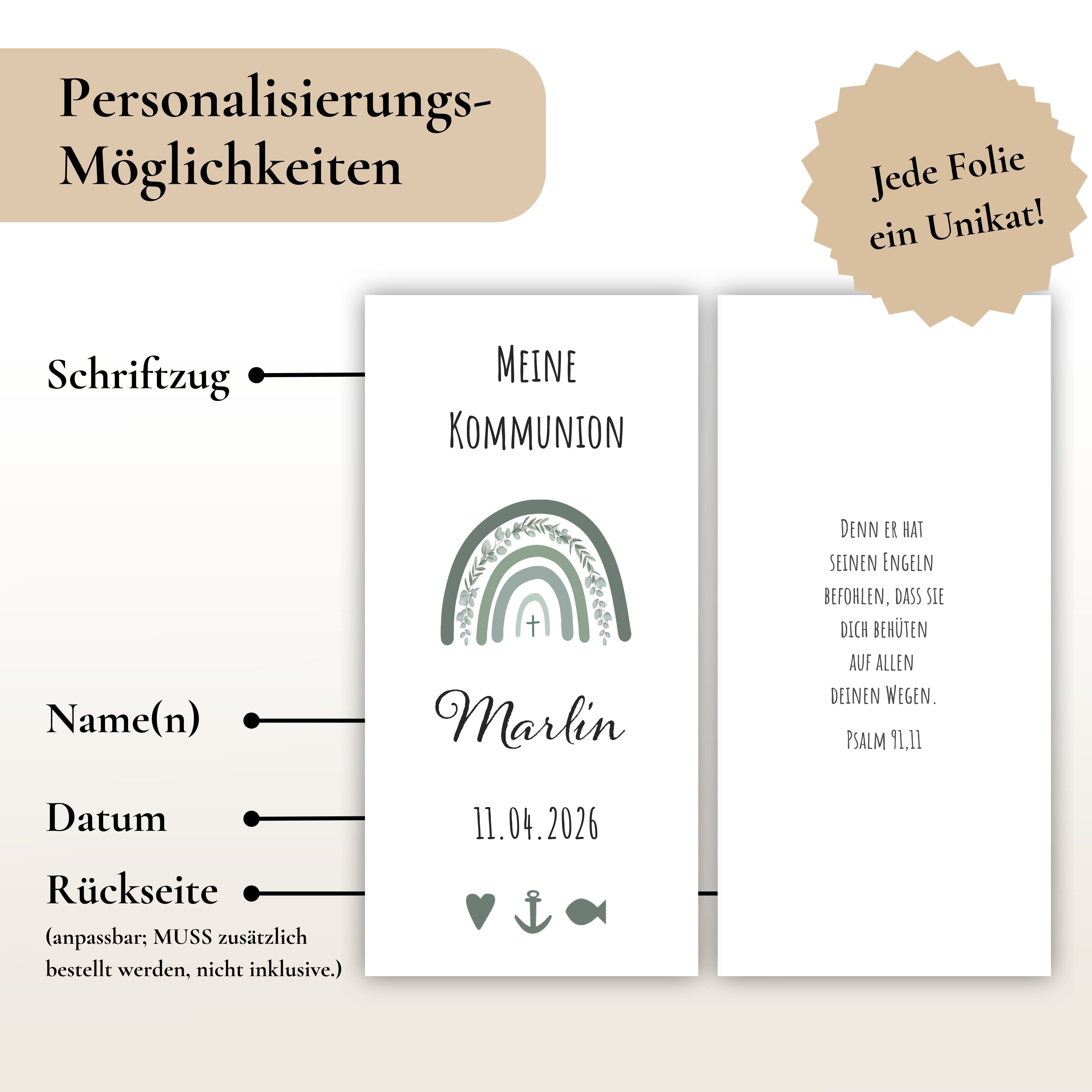 Kerzenfolie Kommunionkerze "Marlin" Eukalyptus Regenbogen - personalisiert