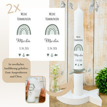 Lade das Bild in den Galerie-Viewer, Kerzenfolie Kommunionkerze "Marlin" Eukalyptus Regenbogen - personalisiert
