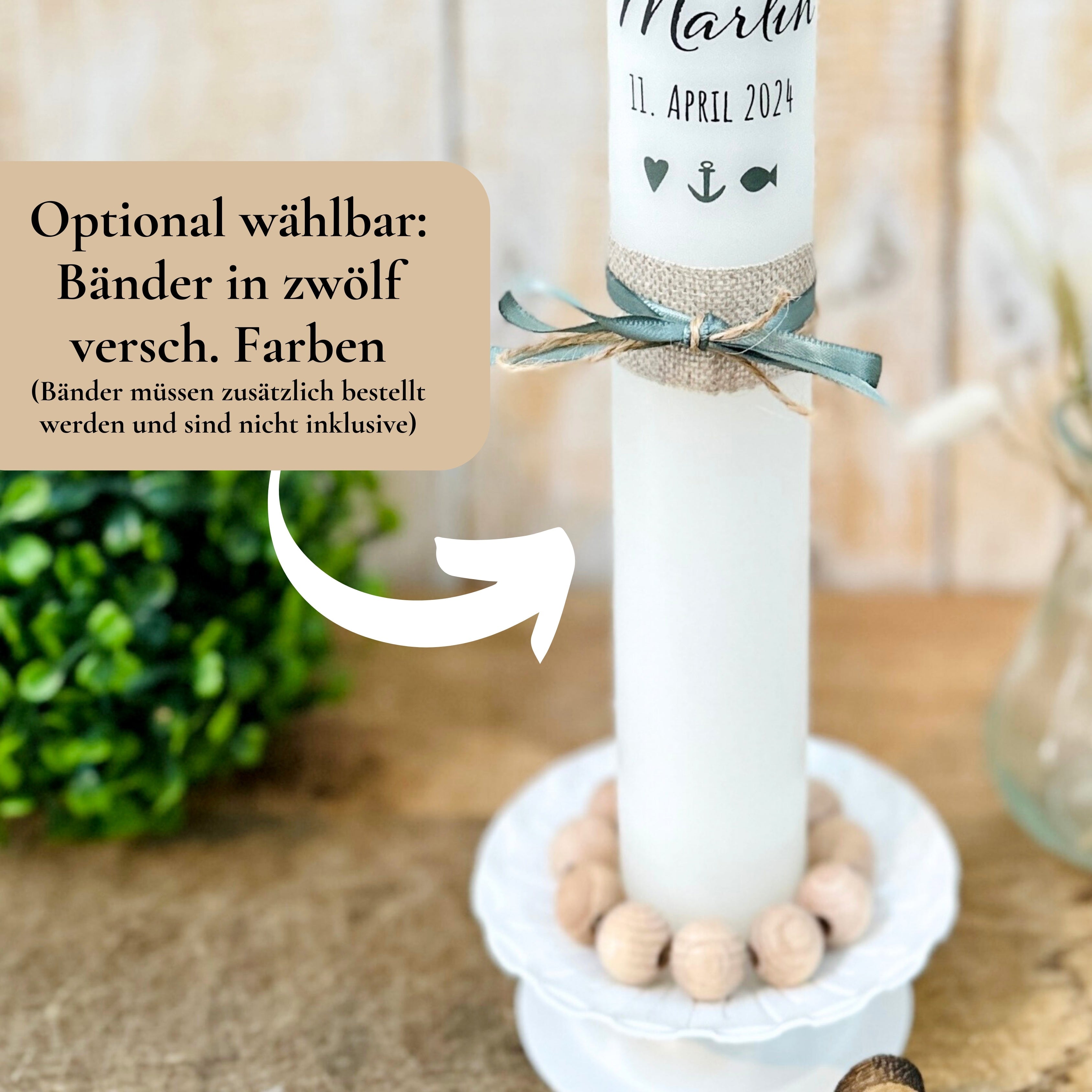 Kerzenfolie Kommunionkerze "Marlin" Eukalyptus Regenbogen - personalisiert