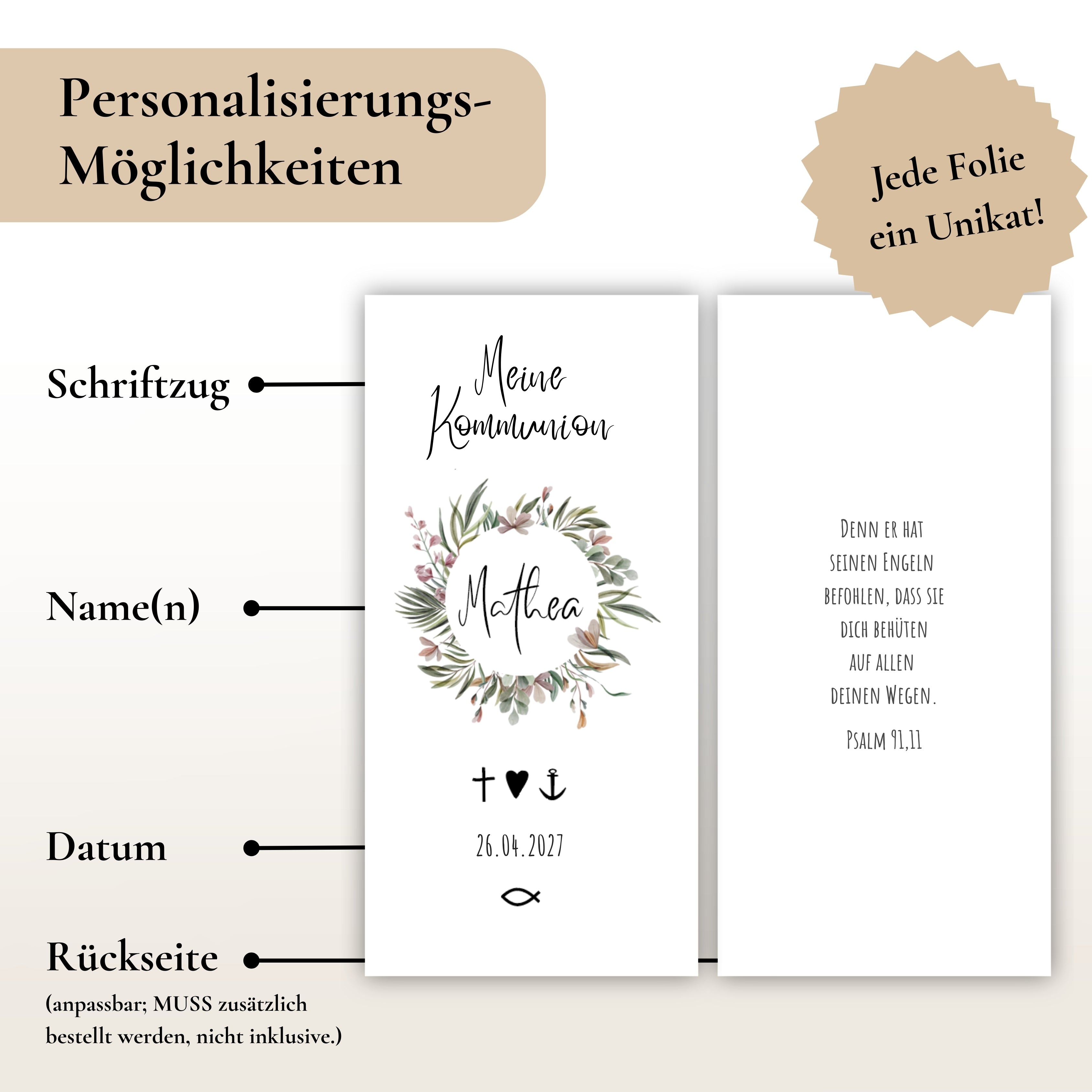 Kerzenfolie Kommunionkerze "Penelope" Blumenkranz - personalisiert