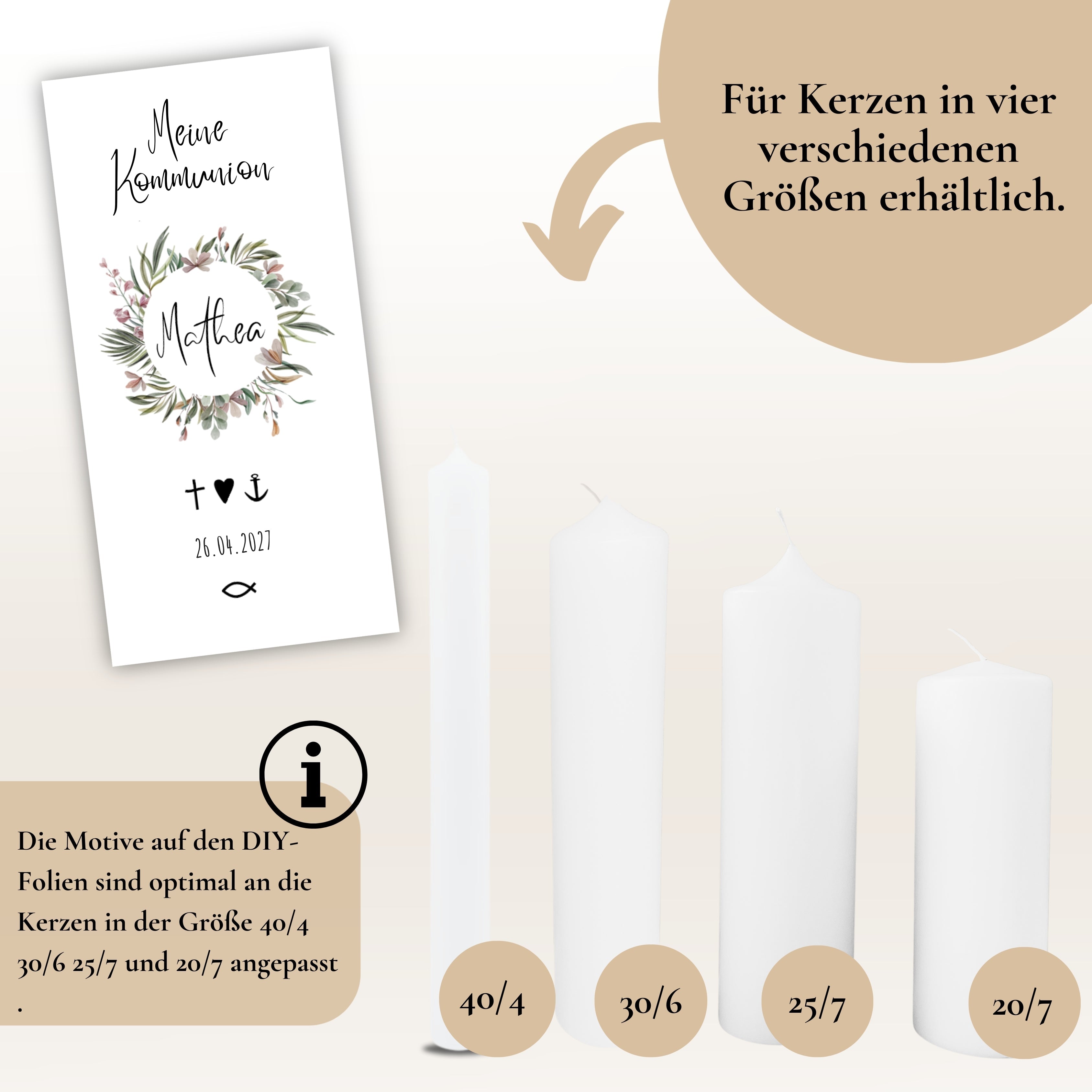 Kerzenfolie Kommunionkerze "Penelope" Blumenkranz - personalisiert