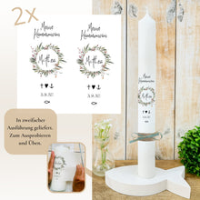 Lade das Bild in den Galerie-Viewer, Kerzenfolie Kommunionkerze "Penelope" Blumenkranz - personalisiert
