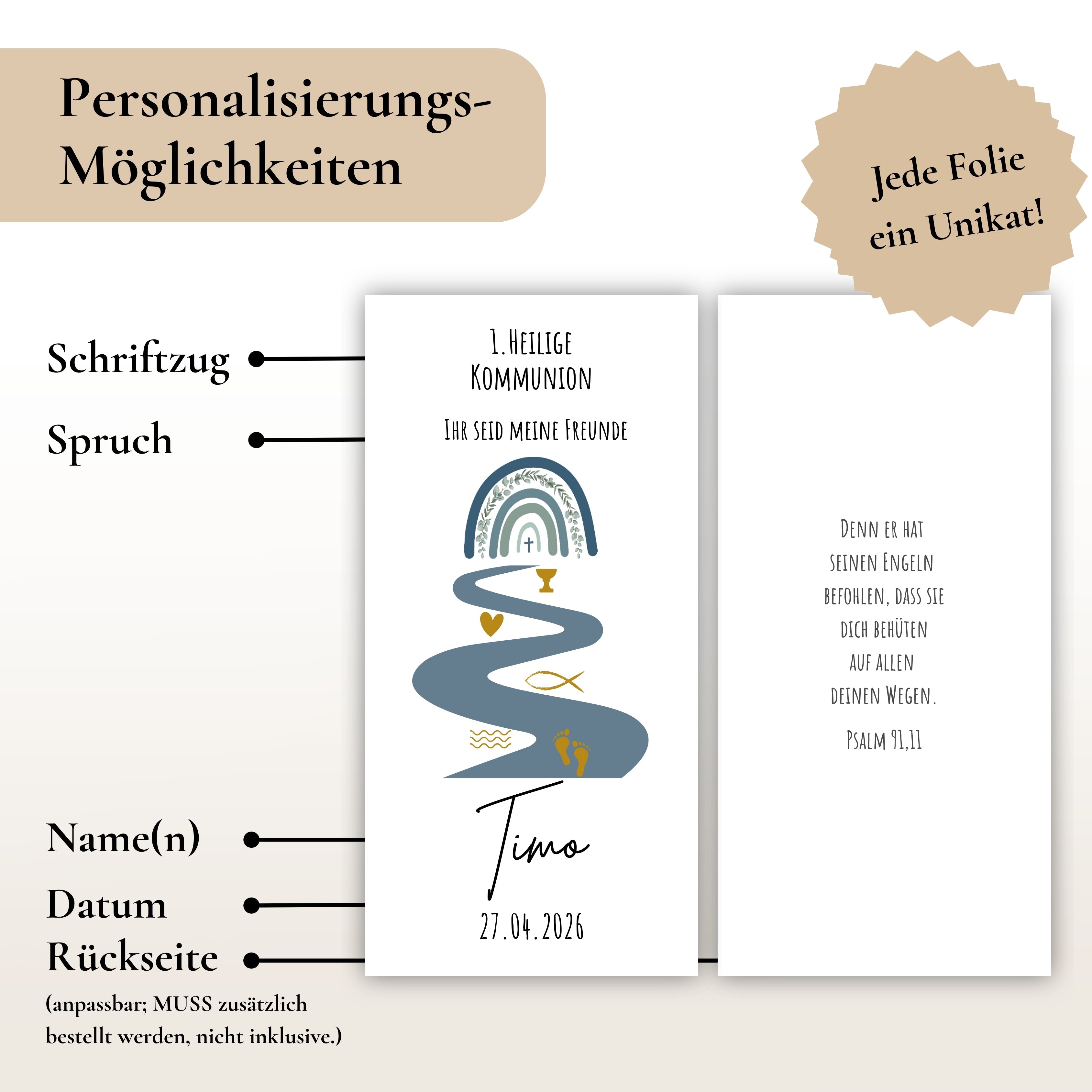 Kerzenfolie Kommunionkerze "Timo " Eukalyptus Regenbogen - personalisiert
